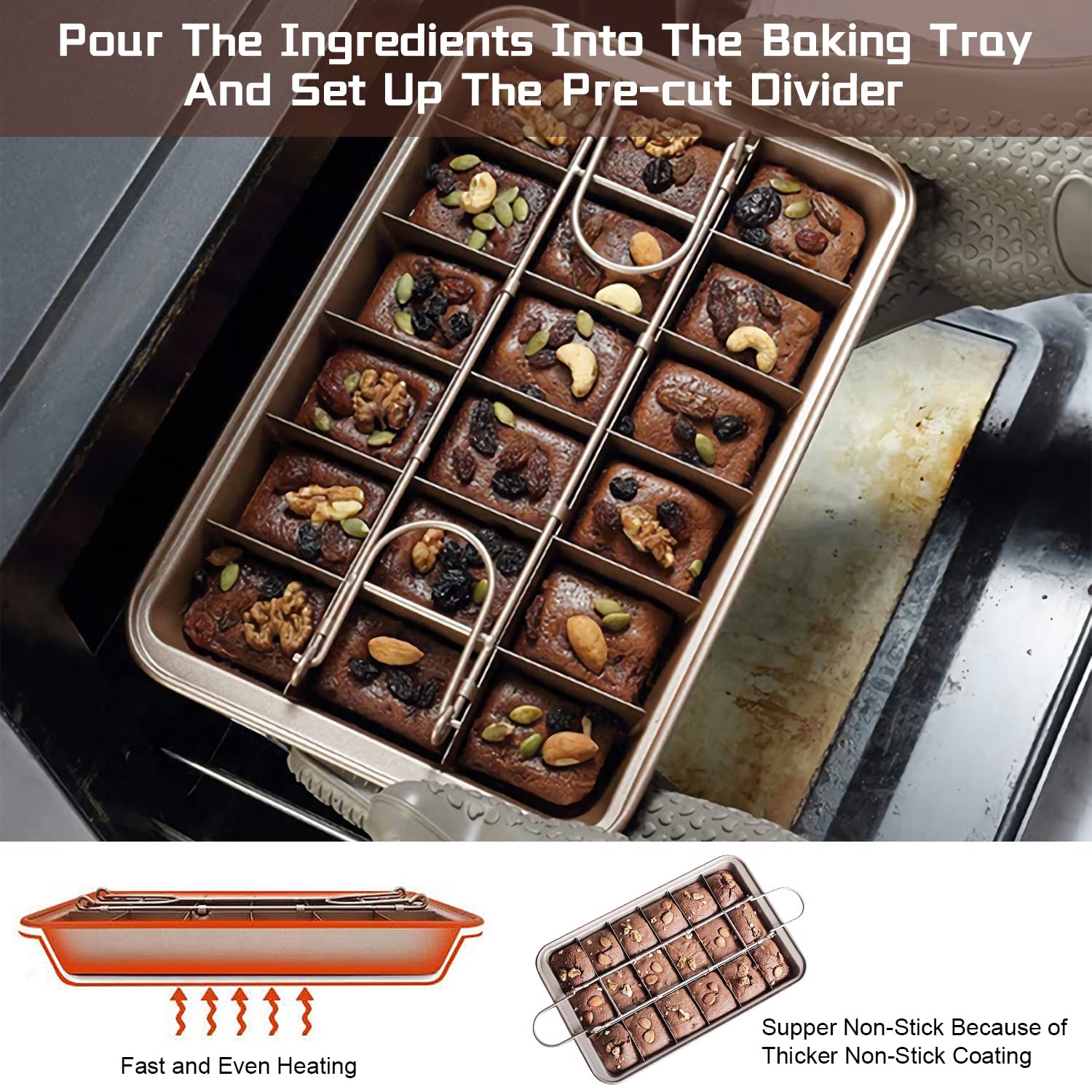 Mysenlan Brownie Pan With Dividers,Nonstick Carbon Steel Baking Loaf Pan Baking Pan Baking Pan,18 Pre-Cut Square Molds For Brown