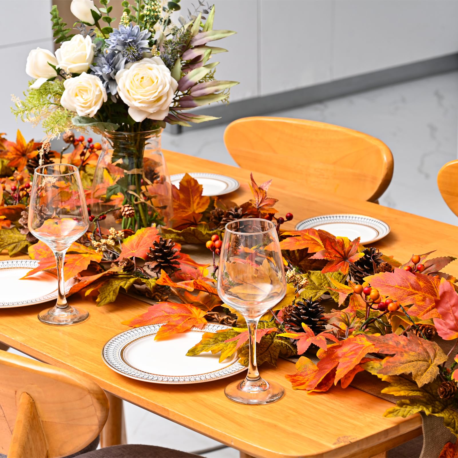 Artgar Fall Maple Leaf Garland, 6 Ft Fall Decor Garland with Pine Cones Berries, Harvest Decor Garlands with 30 Warm Lights for