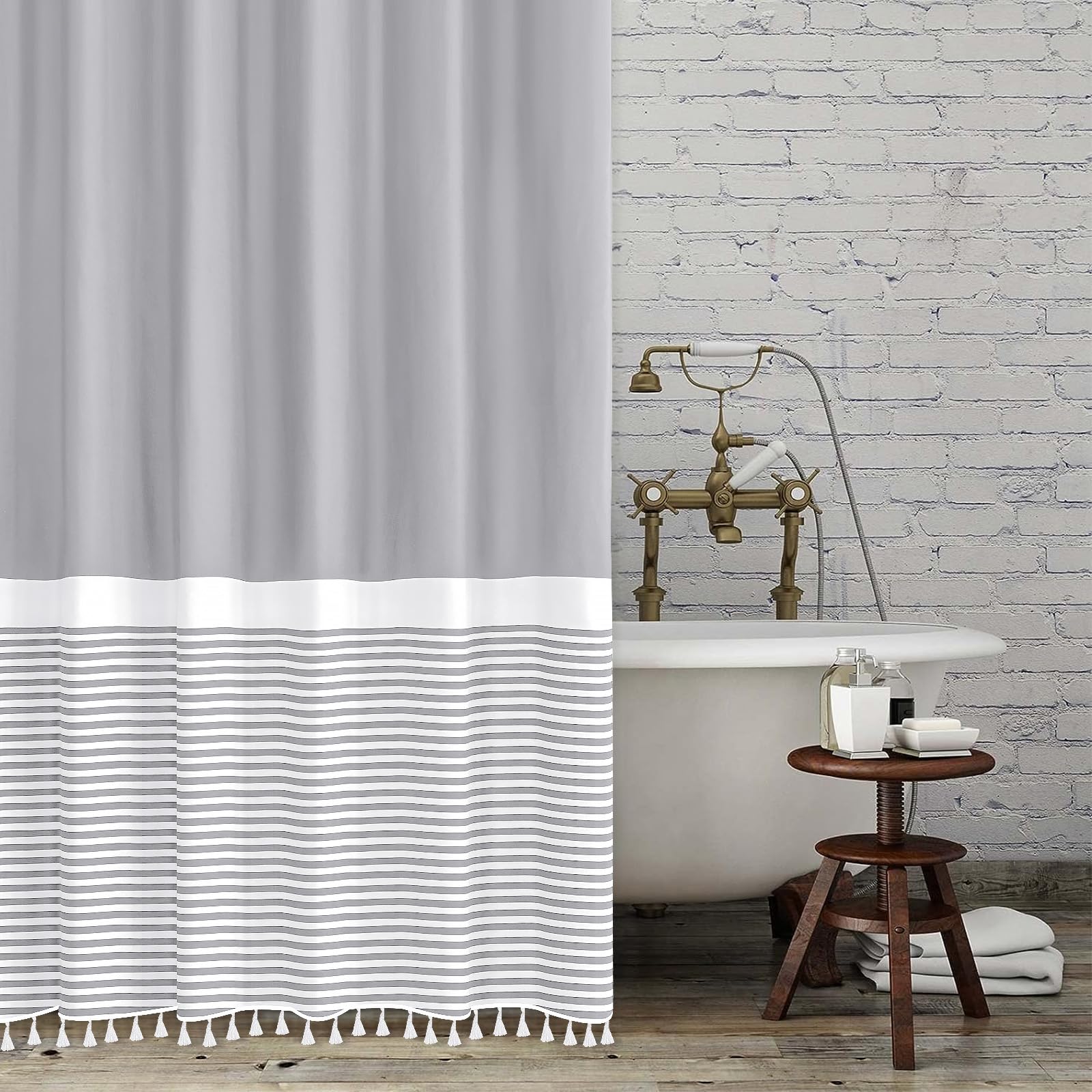 Grey Shower Curtain Modern Fabric Shower Curtain White Tassels Farmhouse Shower Curtain Striped Waterproof Shower Curtain Set wi