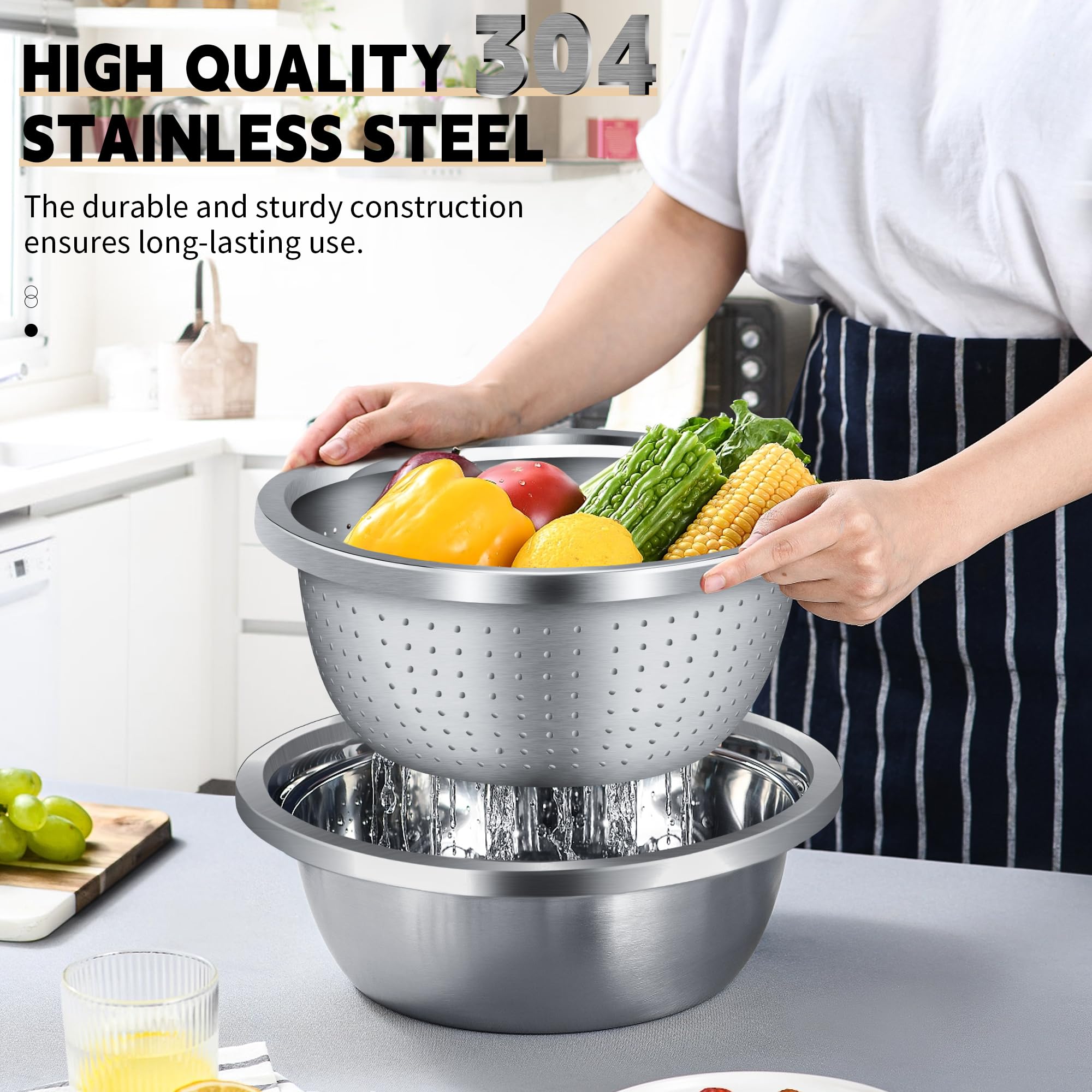 Gulex Colander 304 Stainless Steel 3-Quart With Mixing Bowls, Strainer For Kitchen Food For Washing Vegetables, Fruit, Rice, Dis