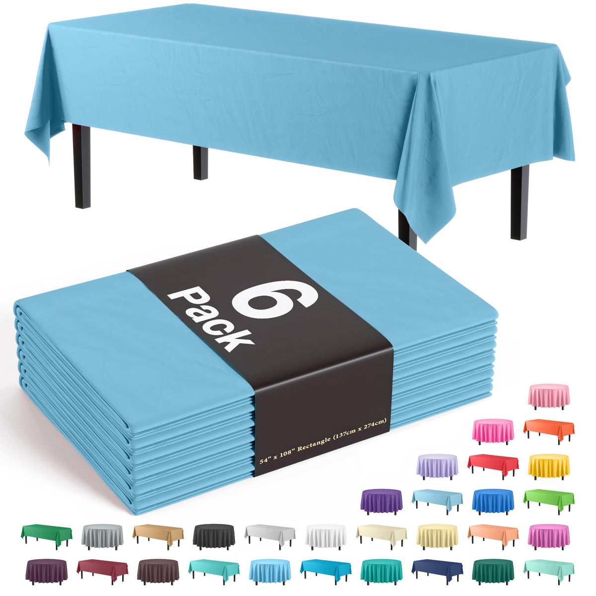 Exquisite 6-Pack Premium Plastic Tablecloth 54In. X 108In. Rectangle Plastic Table Cover - Sky Blue