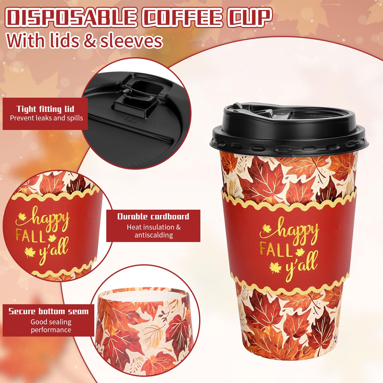 Whaline 50Pcs 16Oz Fall Thanksgiving Disposable Coffee Cups with Lids and Sleeves Orange Brown Red Maple Leaf Paper Drinking Cup