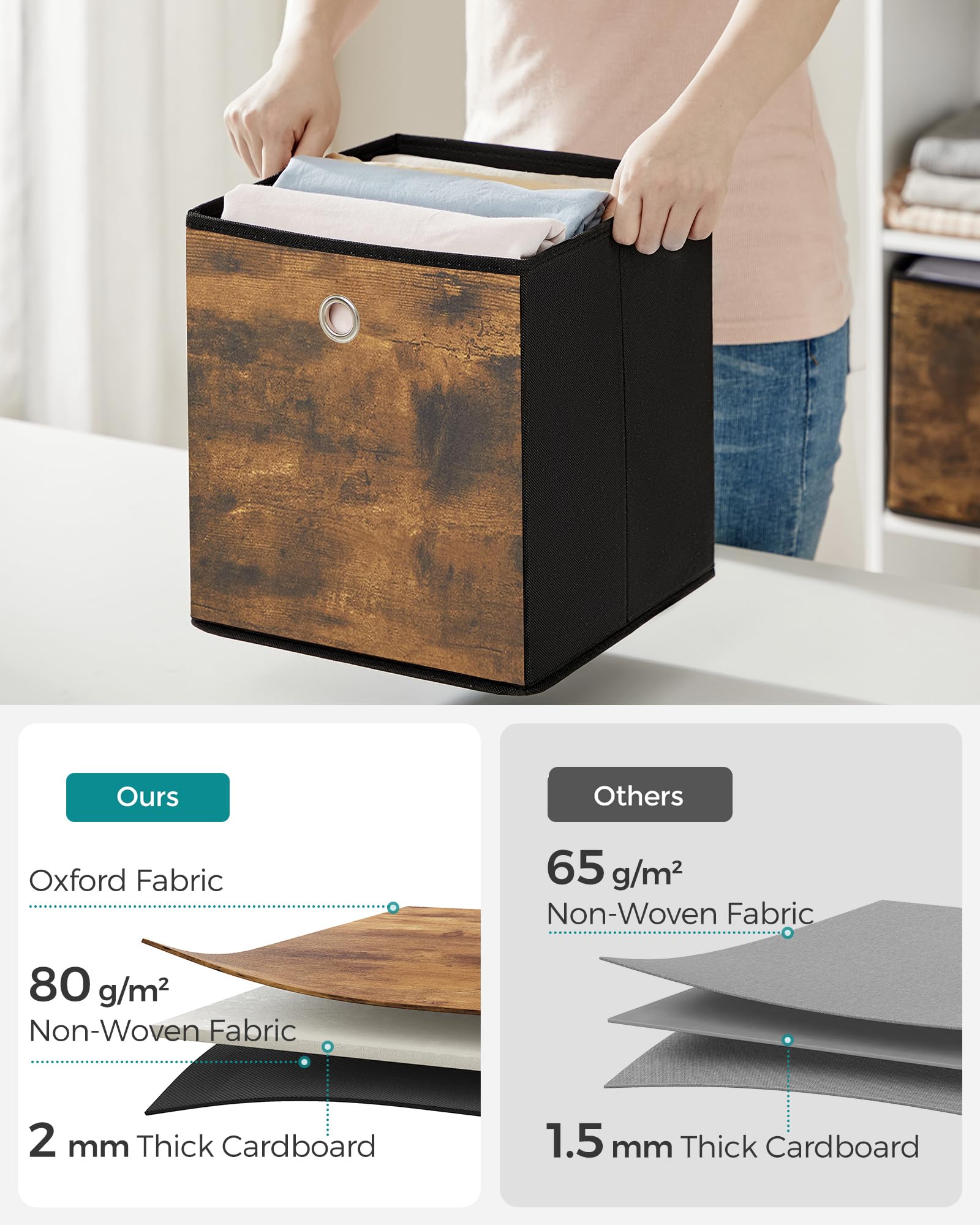 SONGMICS Storage Cubes  Set of 6 Storage Bins with Handles  Foldable Oxford Fabric and Non-Woven Fabric Storage Boxes  10.2x10.2x11 Inches  Fit Cube Storage Unit  Rustic Brown and Black URFB126B01