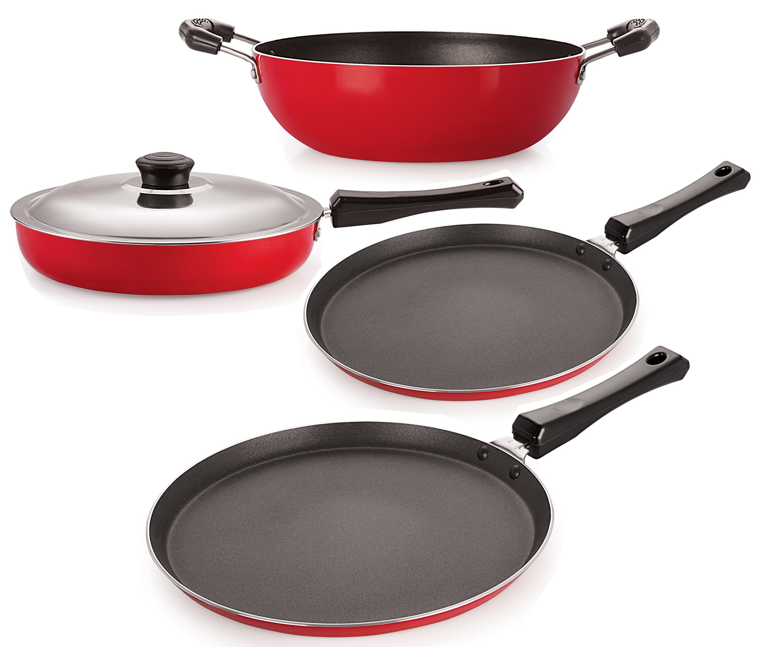 Nirlon NonStick Aluminium Cookware Set, 4Pieces, Red (Ft12_Fp12_Kd12_Ft11)