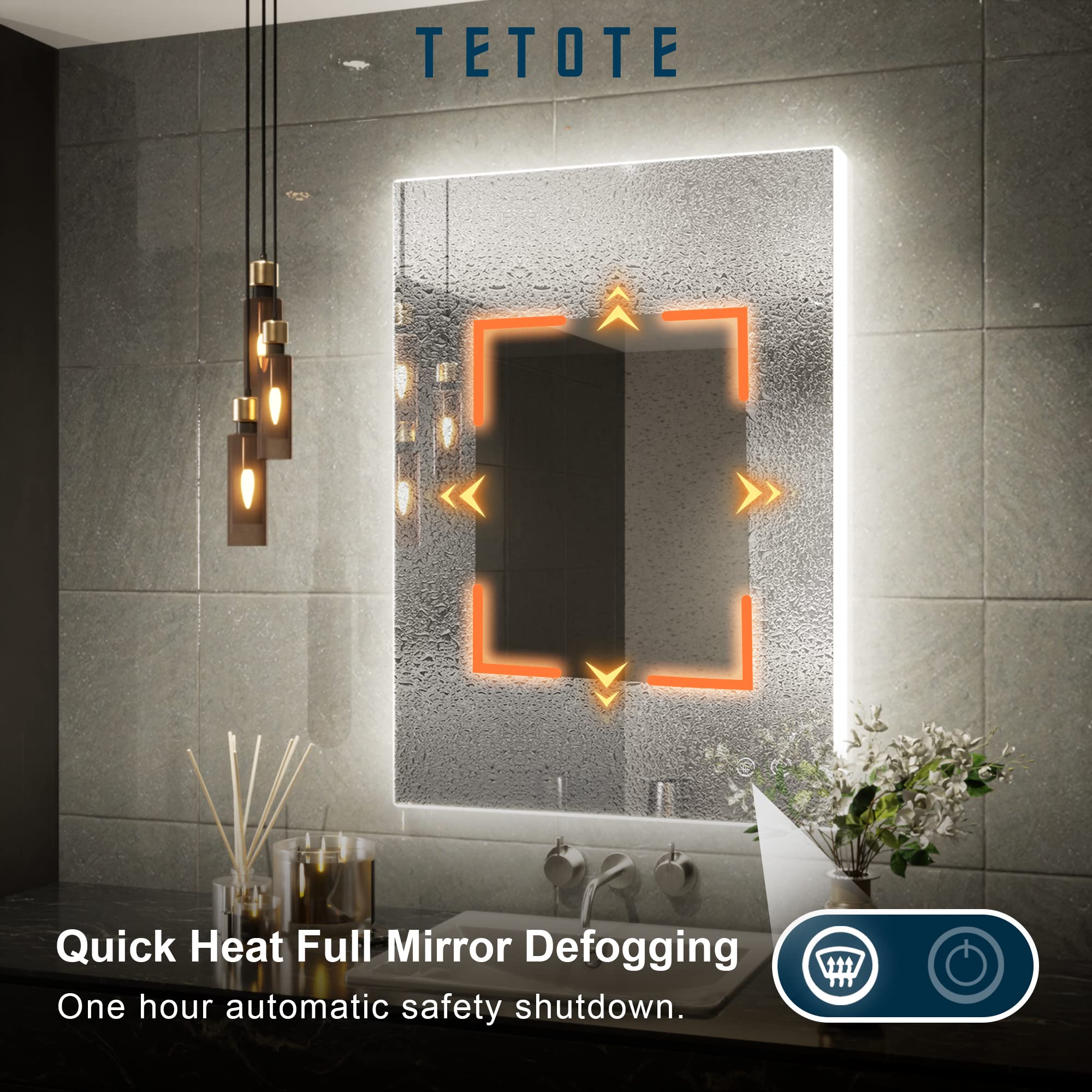 TETOTE 20 x 28 LED Backlit Bathroom Mirror with Light 3Color White/Warm/Natural Anti-Fog Lighted Mirror Dimmable Vanity Mirror Wall Mounted