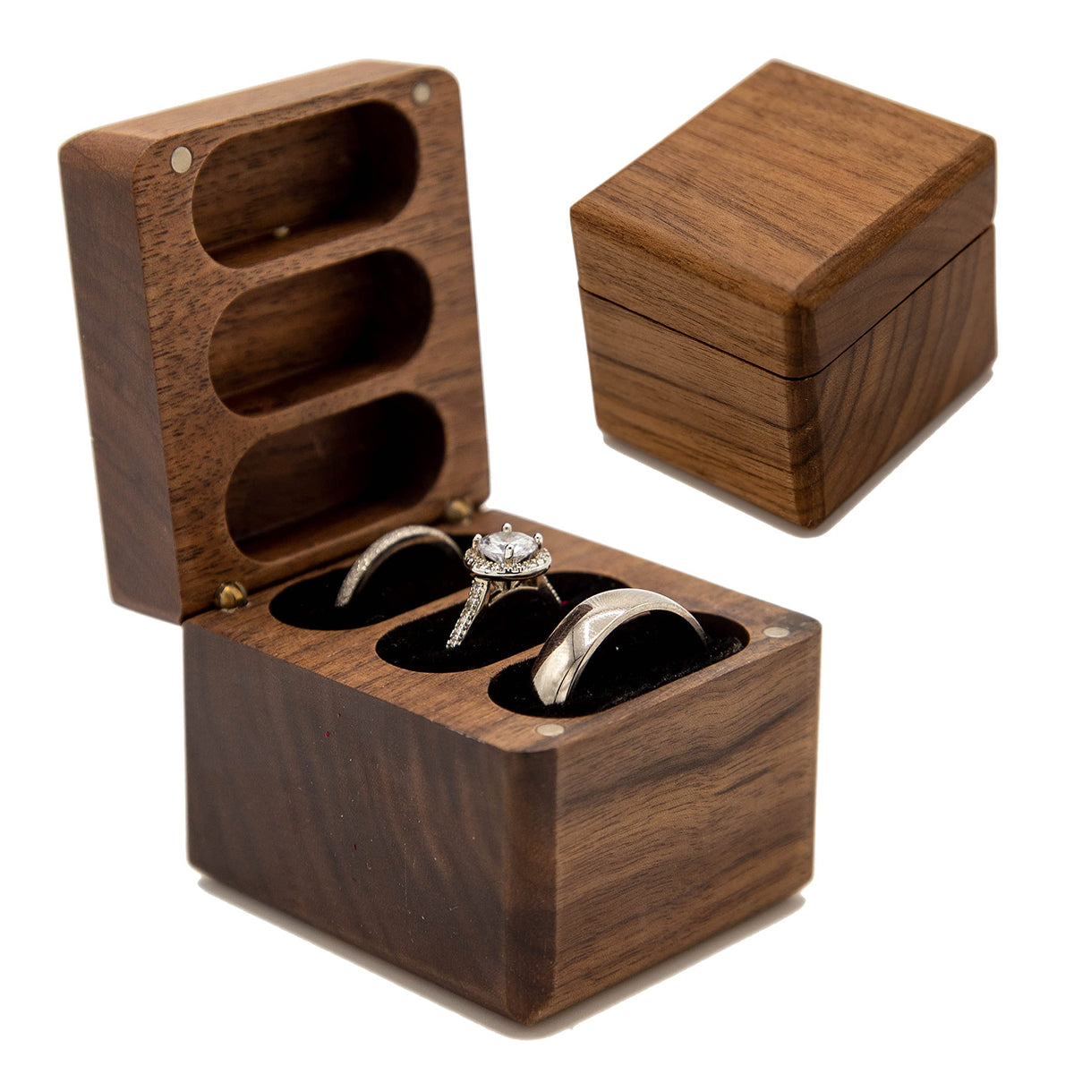 Muujee Wood 3 Slot Ring Box - Triple Wooden Ring Case Box For Wedding Ceremony Ring Bearer Box - Anniversary Birthday Gift Ideas