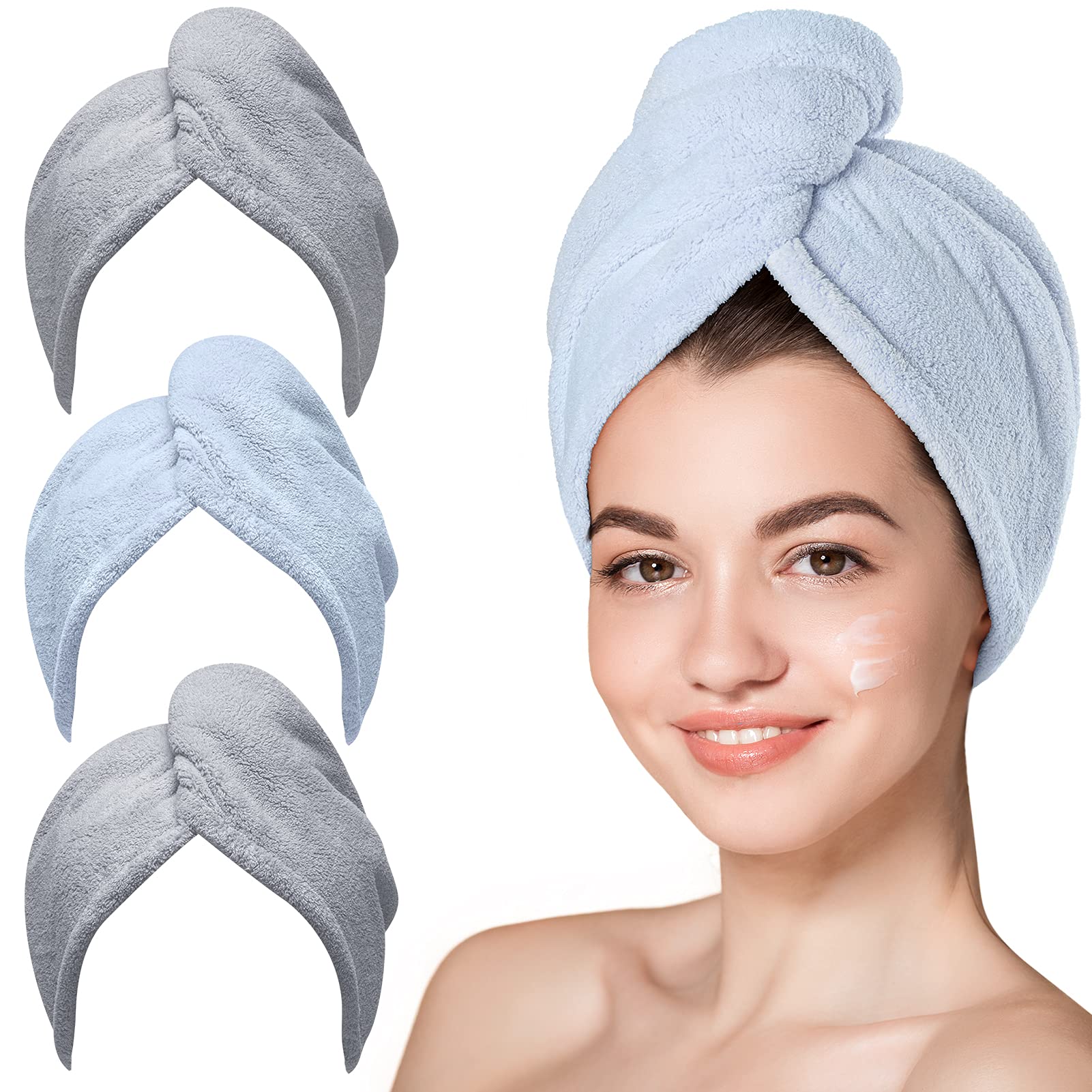 Hicober Microfiber Hair Towel, 3 Packs Hair Turbans for Wet Hair, Drying Hair Wrap Towels for Curly Hair Women Anti Frizz(Grey,B
