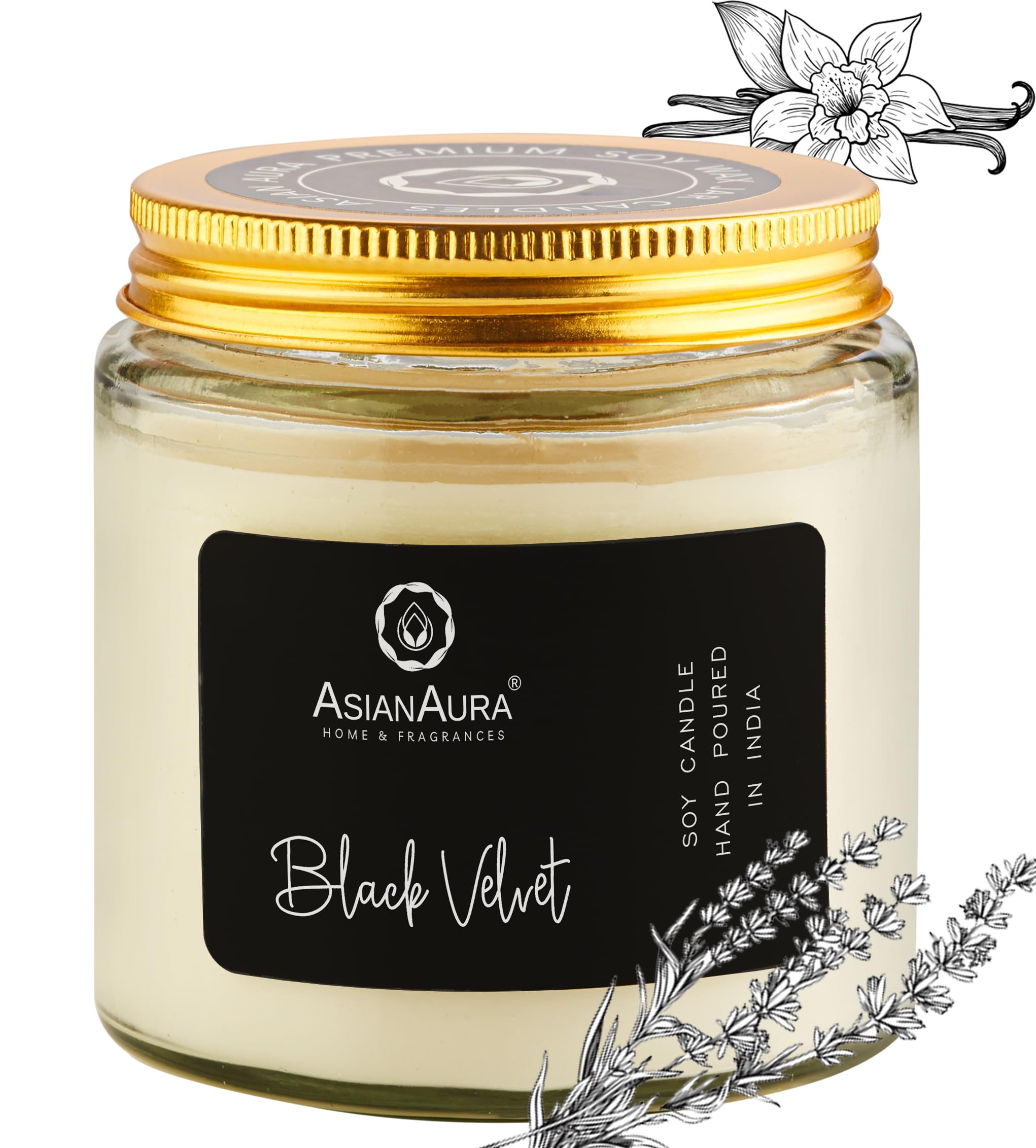 Asian Aura Scented Glass Jar Candle - 450g (Gross Wt.) - Black Velvet |36 Hours Burn Time |Smoke-Free Aroma Candle for Home Frag