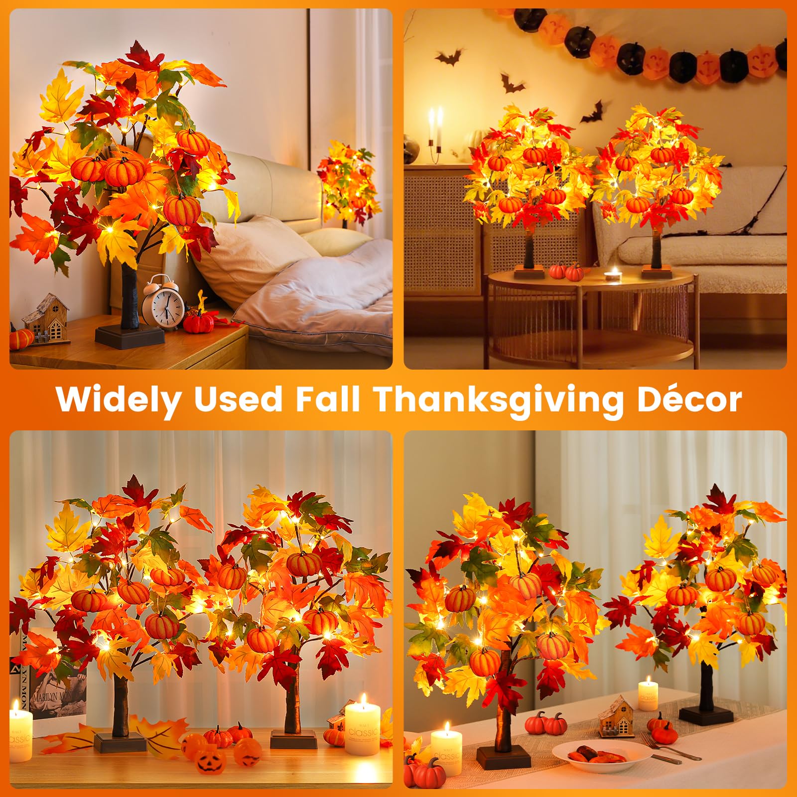 Fall Decor 2 Pack 24 Inch Lighted Fall Maple Tree Fall Decorations for Home,Tabletop Fall Trees 48 LEDs Battery Powered with 8pc