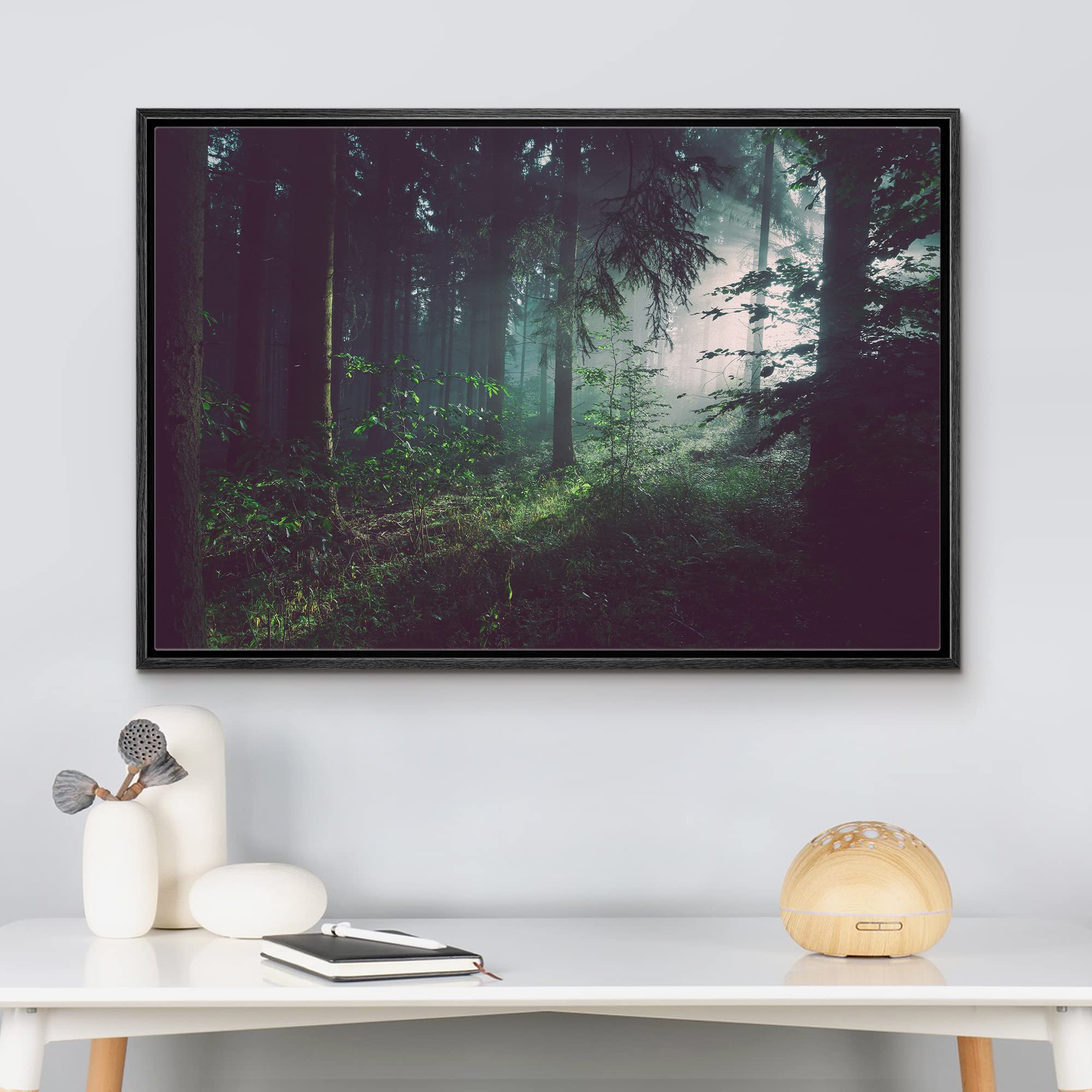 wall26 Framed Canvas Print Wall Art Sunlight Passing Through Green Forest Nature Wilderness Photography Modern Art Rustic Scenic Colorful Multicolor for Living Room  Bedroom  Office - 16''x24'' Black