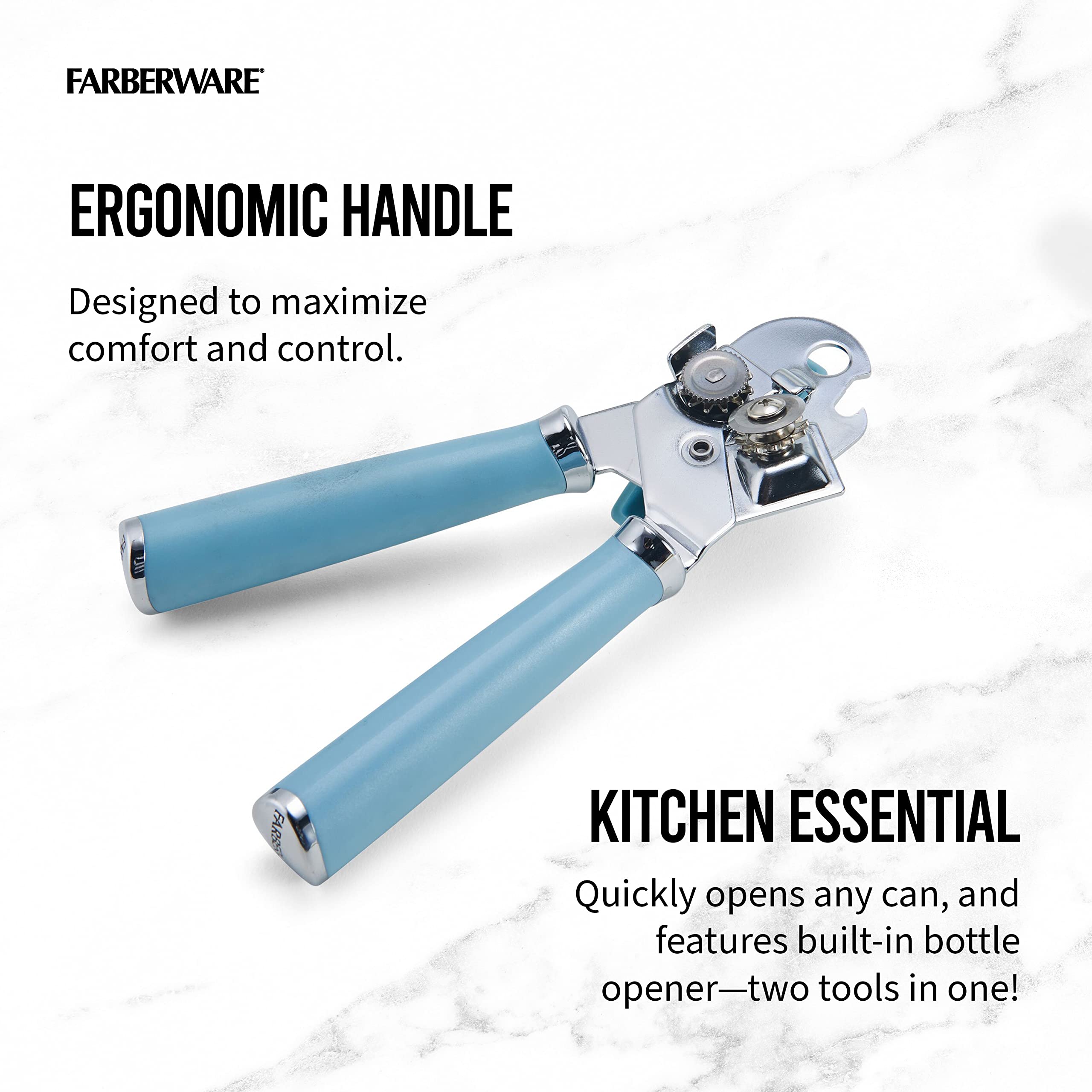 Farberware Professional Retro Can Opener, Stainless Steel, Blue, Built-in Bottle Opener, Model 5242028, Easy Turn Knob, Rust Proof