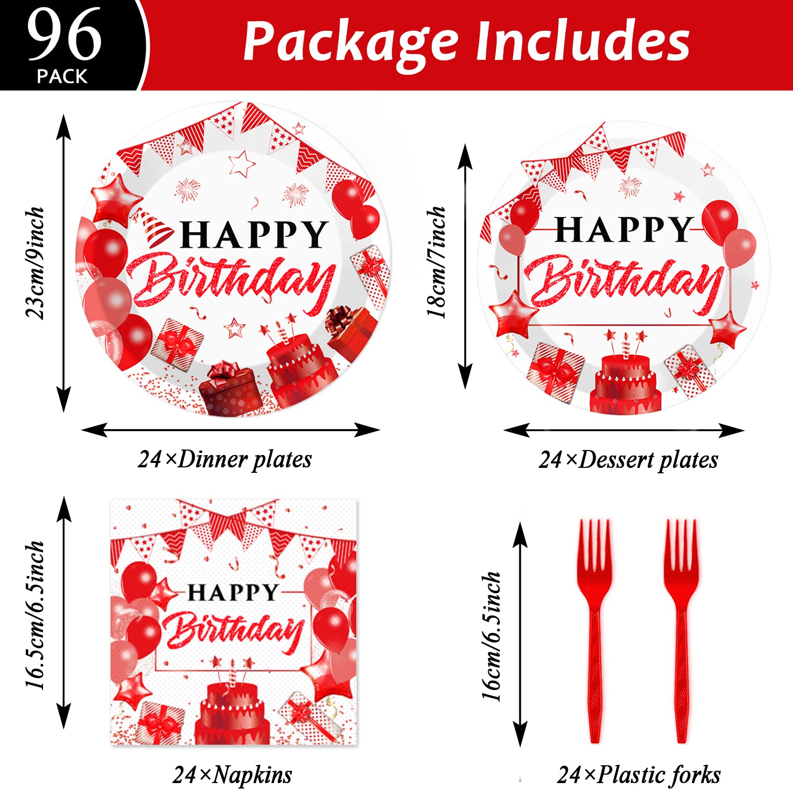 Red Gold and White Birthday Plates Napkins Forks Plates Birthday Party Tableware Set Confetti Sprinkles Happy Birthday Party Decorations Red Birthday Plates Table Decors for Men Women for 24 Guests