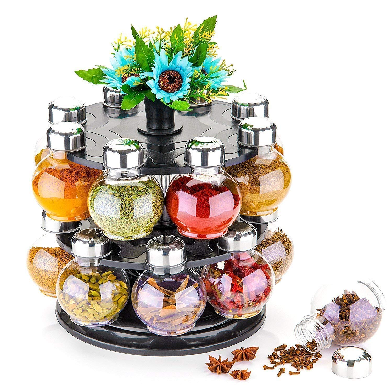 Rubby Multipurpose Plastic Big Revolving Spice Rack 16 In 1 / Masala Rack Set/Condiment Set/Spice Container