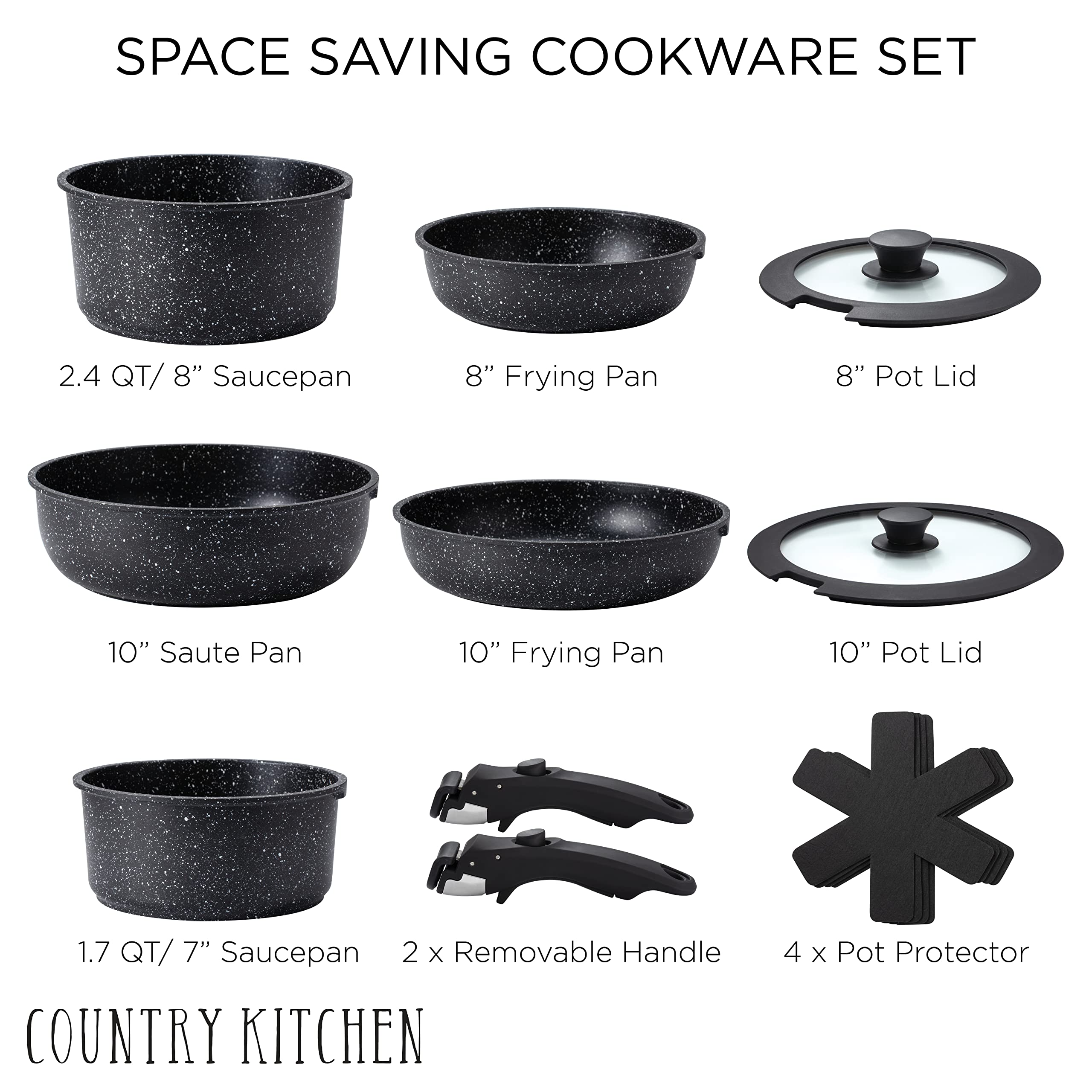 Country Kitchen 13 Piece Pots and Pans Set - Safe Nonstick Kitchen Cookware with Removable Handle, RV Cookware Set, Oven Safe (B