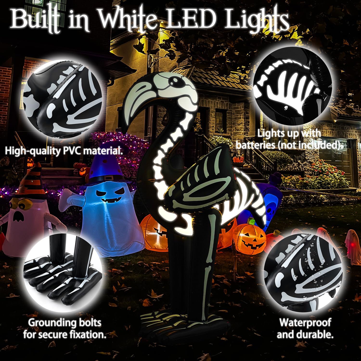 LaRandom 1 Pack 5 FT Giant Halloween Inflatable PVC Flamingo Glow in The Dark Blow up Skeleton Flamingo with Built in LED Lights