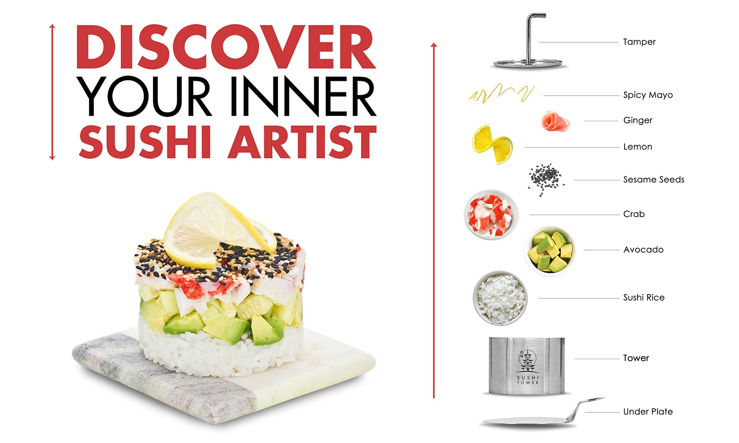 Sushi Tower The Original Kit - Premium Stainless Steel Sushi Making Set Featuring 2 Sizes, Storage Container, Free Gifts & Recip