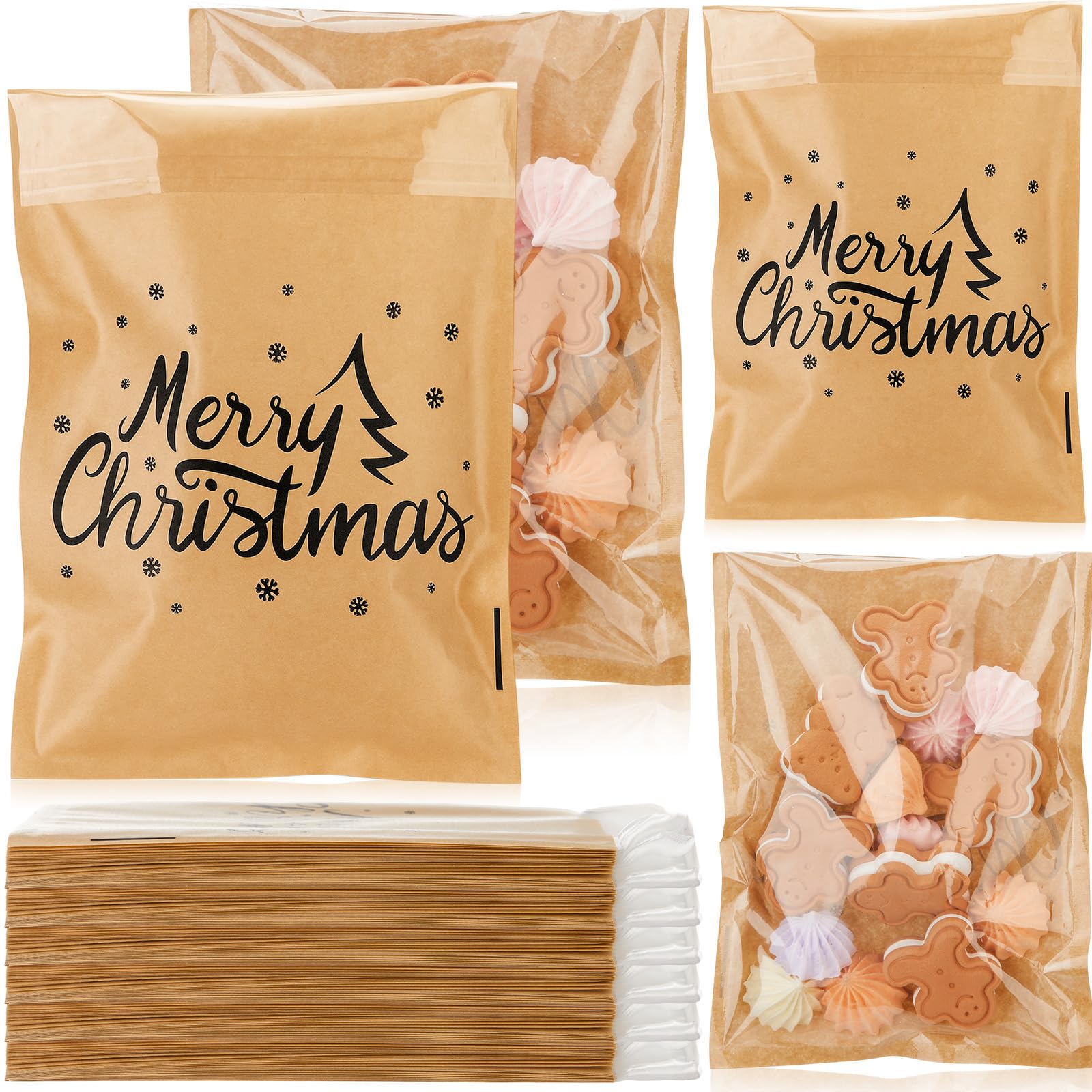 MotiMind 100 Pcs Clear Merry Christmas Cookie Bags Front Paper Self Adhesive Gift Bags Xmas Kraft Paper Treat Candy Container fo