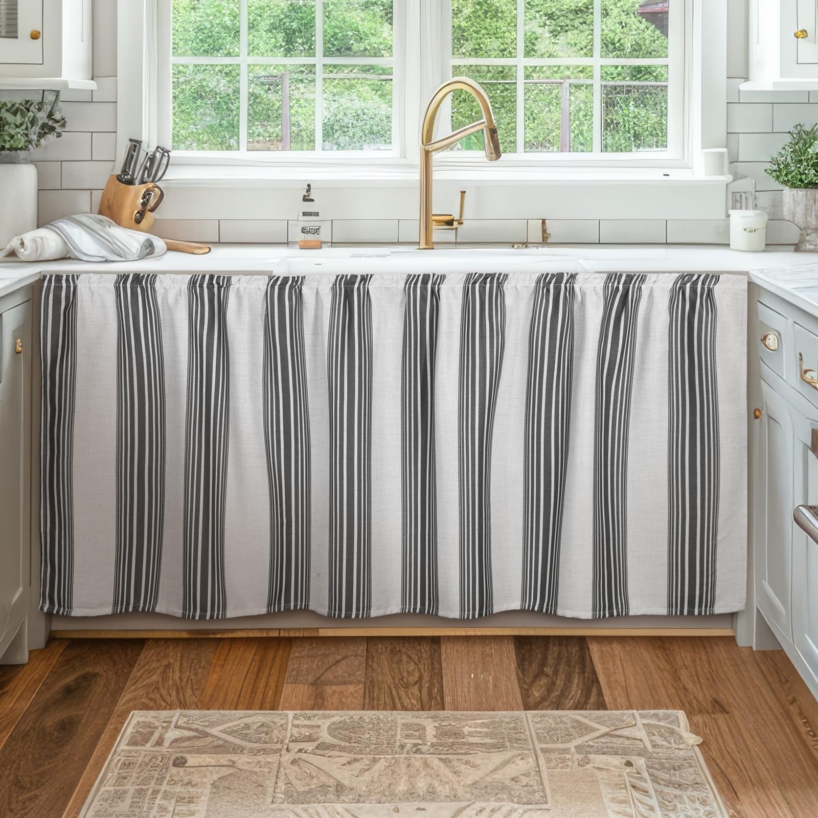 VitalCozy Cabinet Curtain 28 W x 51 L Sink Skirt for Bathroom Kitchen Grey Stripes Short Curtain for Home Classroom Farmhouse Ru