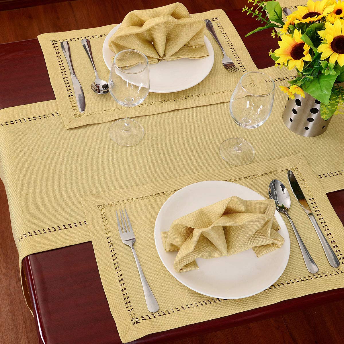 Grelucgo Handcrafted Solid Color Dining Table Runner, Dresser Scarf, Double-Hemstitched (Yellow, 14 X 54)