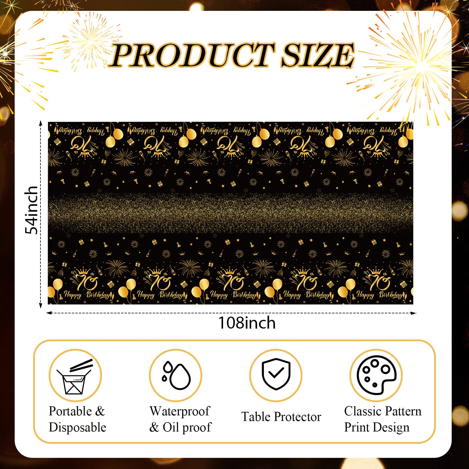 3 Pack 70Th Happy Birthday Tablecloth Disposable Plastic Birthday Table Cover Rectangular Black And Gold Table Cloths For Partie