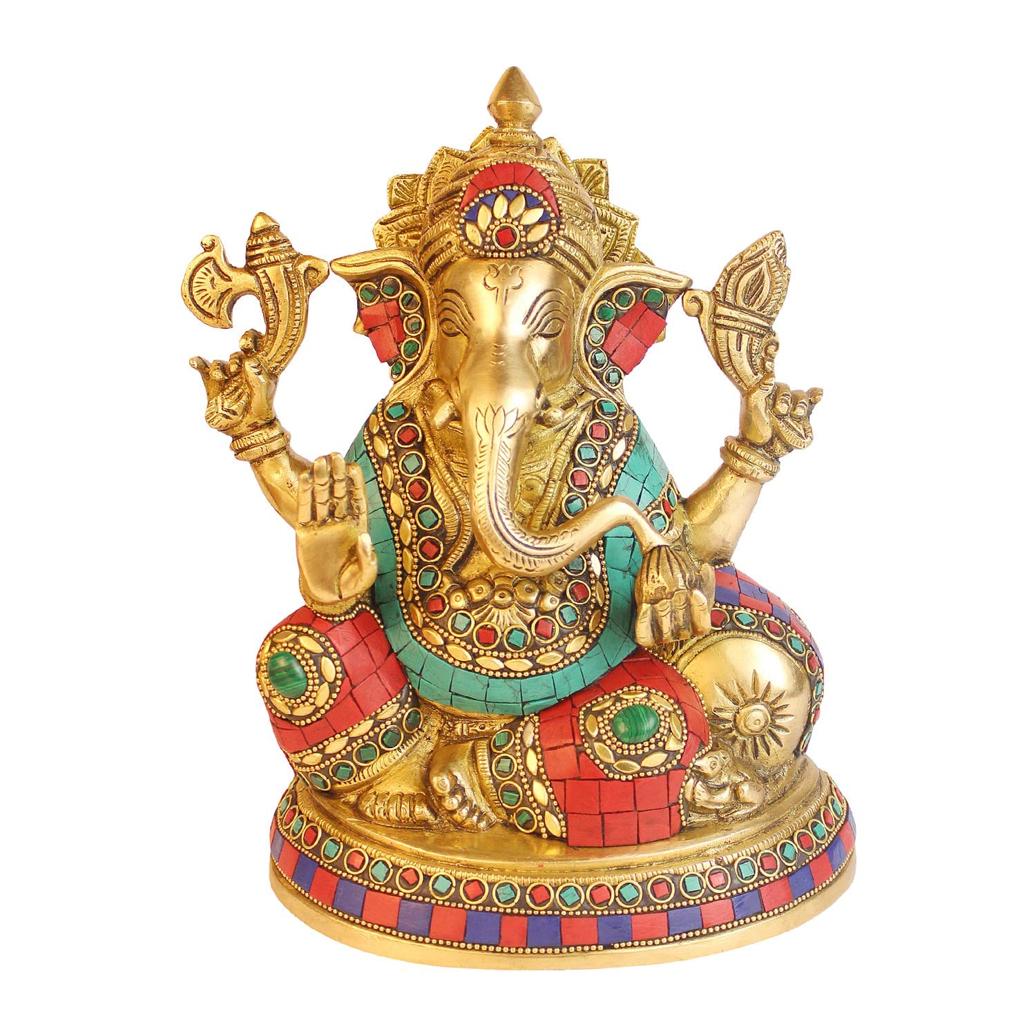 Kartique Brass Ganesh Bhagwan Idol Ganesha Statue Ganpati Murti On Round Base In Blessing Posture With Multicolor Stone Work