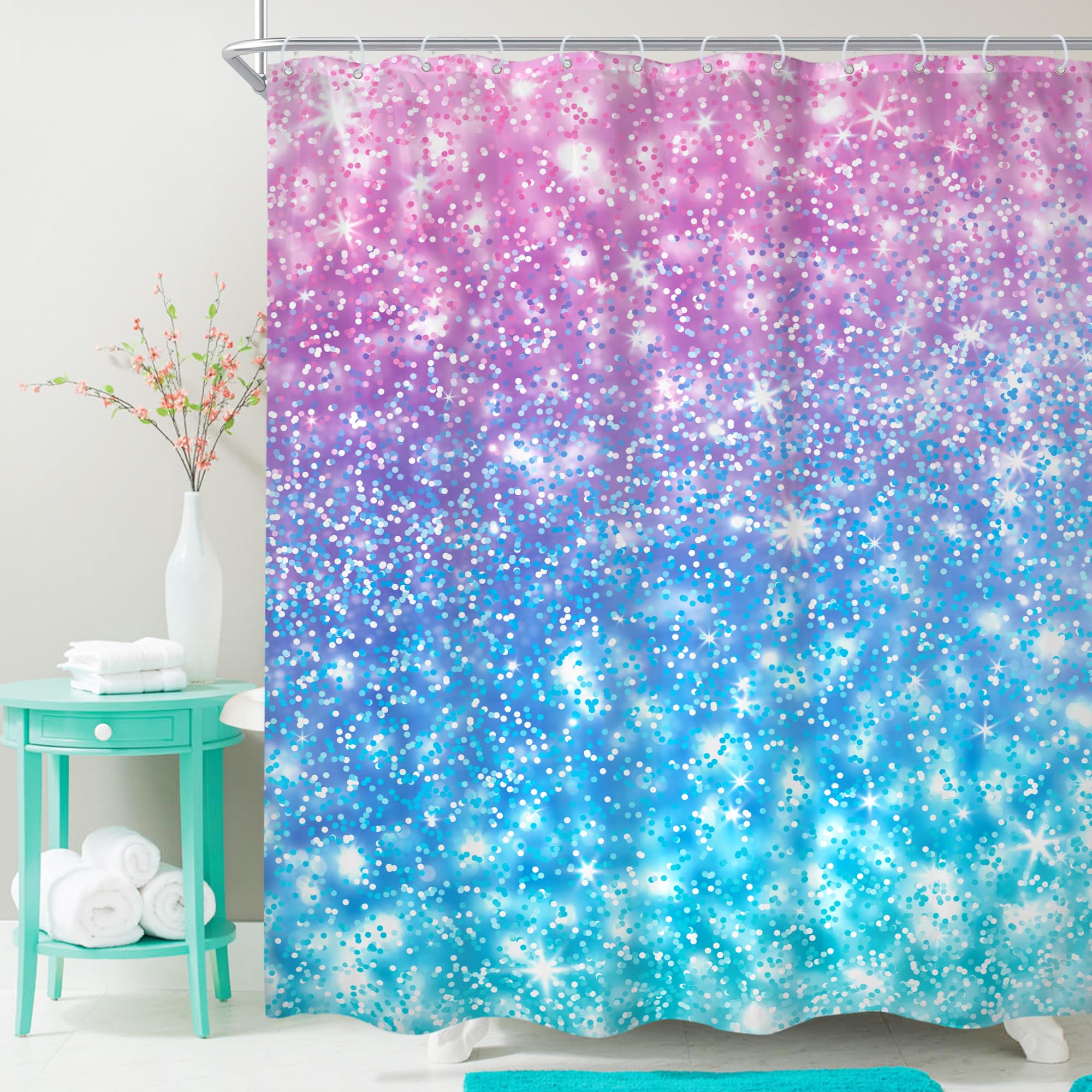 Cinbloo Kids Ombre Teal Shower Curtain 60Wx72H (Not Glitter) Colorful Turquoise Purple Shower Curtain For Girl Women Rainbow Pol