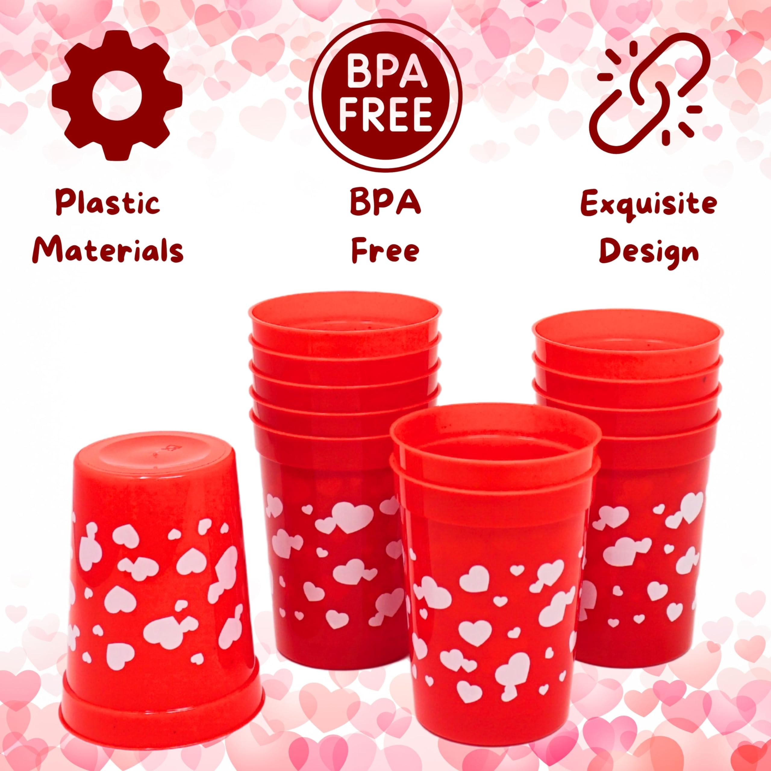 4E'S Novelty Kids Valentine'S Day Plastic Reusable Cups 8 Oz 12 Pack, Red With Hearts Valentines Tumblers Bulk Party Supplies Fa