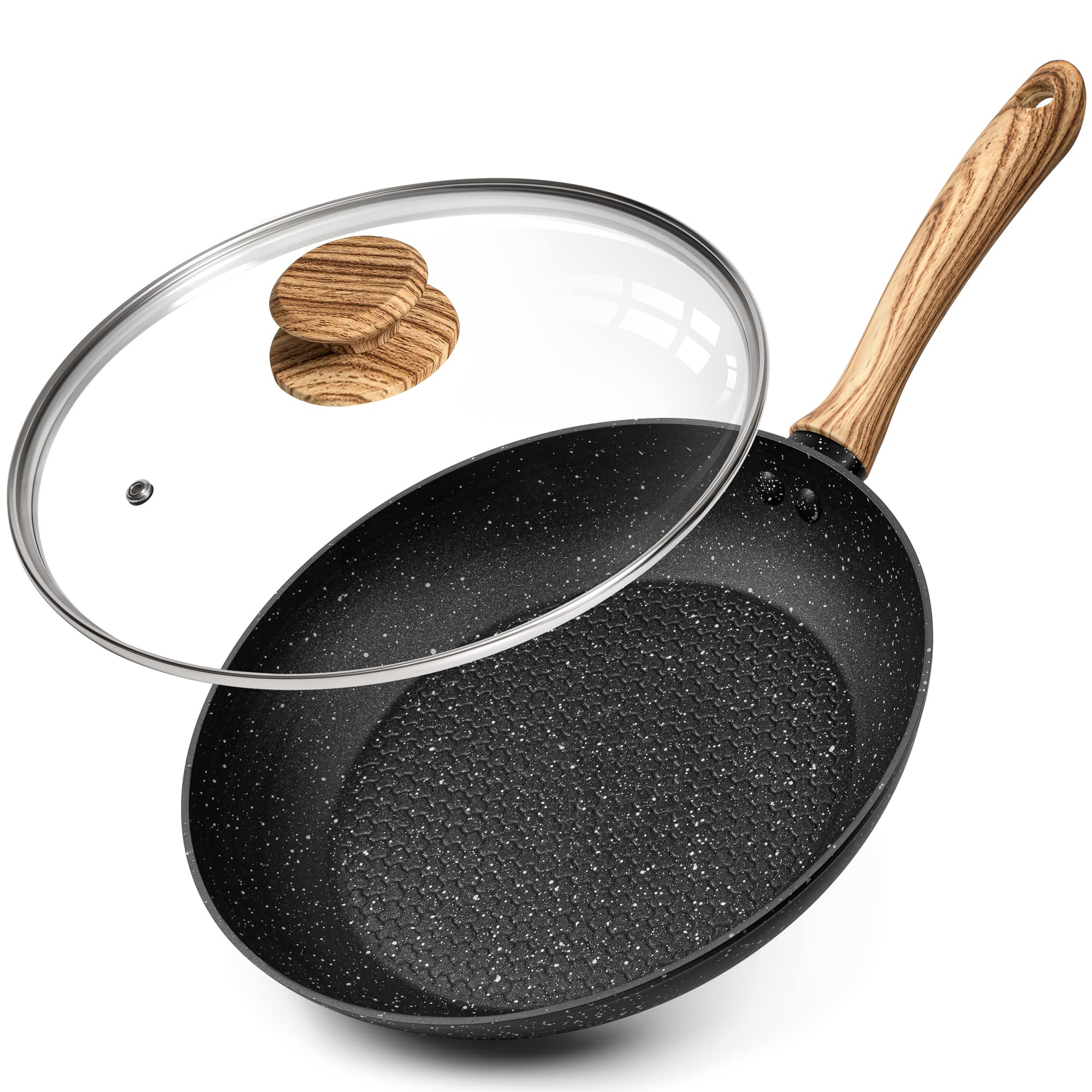Michelangelo Nonstick Frying Pan With Lid, 10 Inch Frying Pan With Nonstick Honeycomb Coating, Nonstick Fry Pan With Lid, Health
