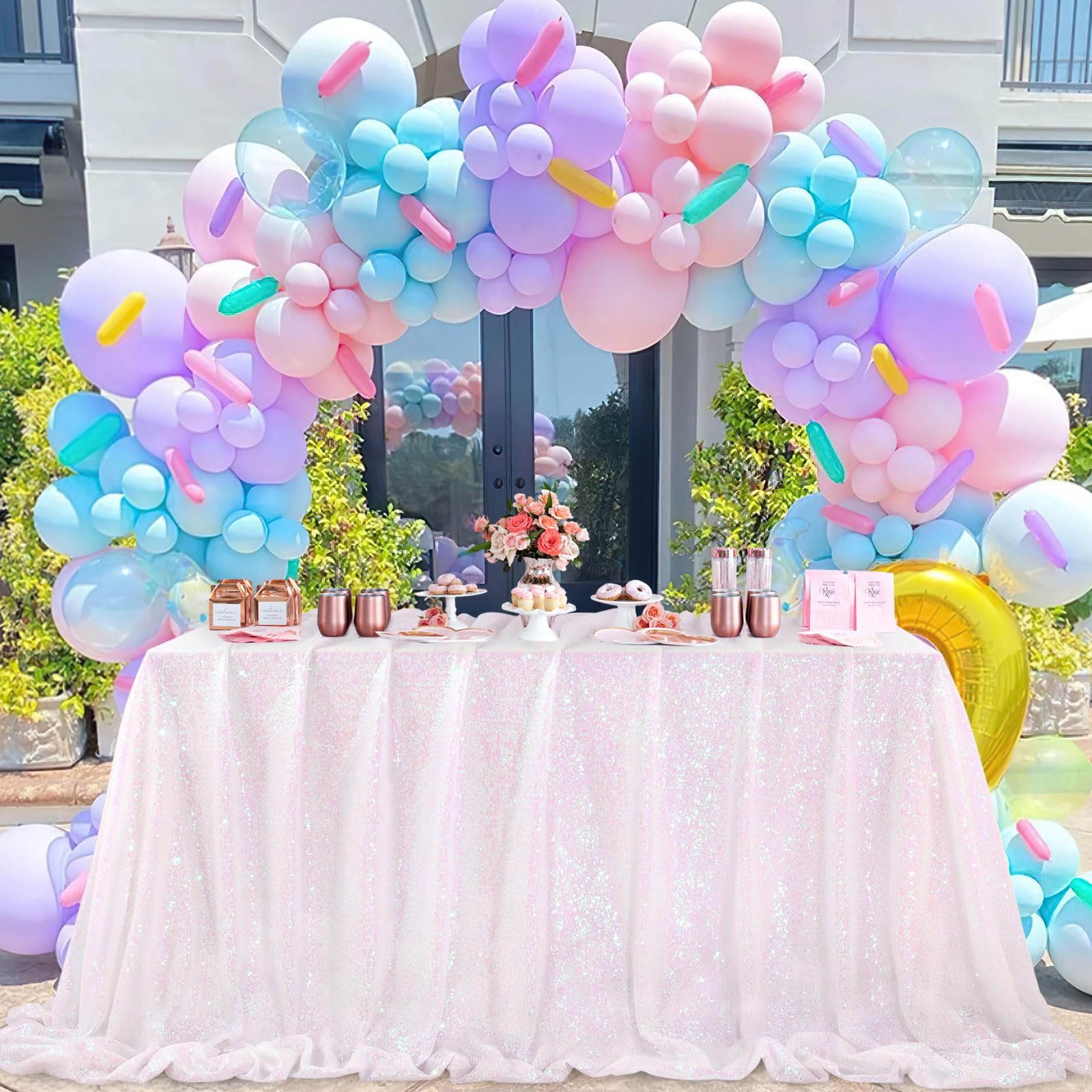 Queendream Iridescent Mermaid Themed Party Decorations: 90X90 Inch Sequin Table Cloths White Birthday Tablecloth Glitter Fabric