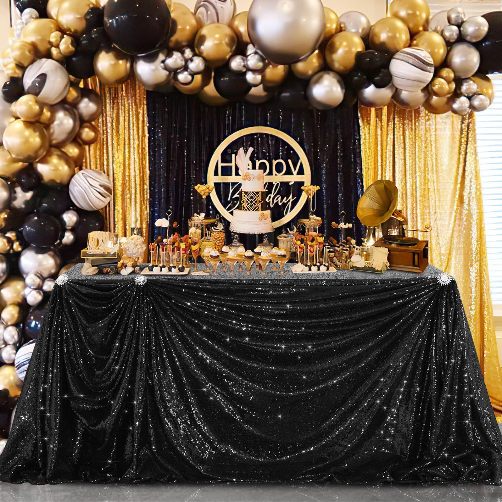 B-Cool Seamless Sequin Table Cloth Black Glitter Design Table Cloth Wedding Overlay Birthday Party Tables Decoration 90X132-Inch