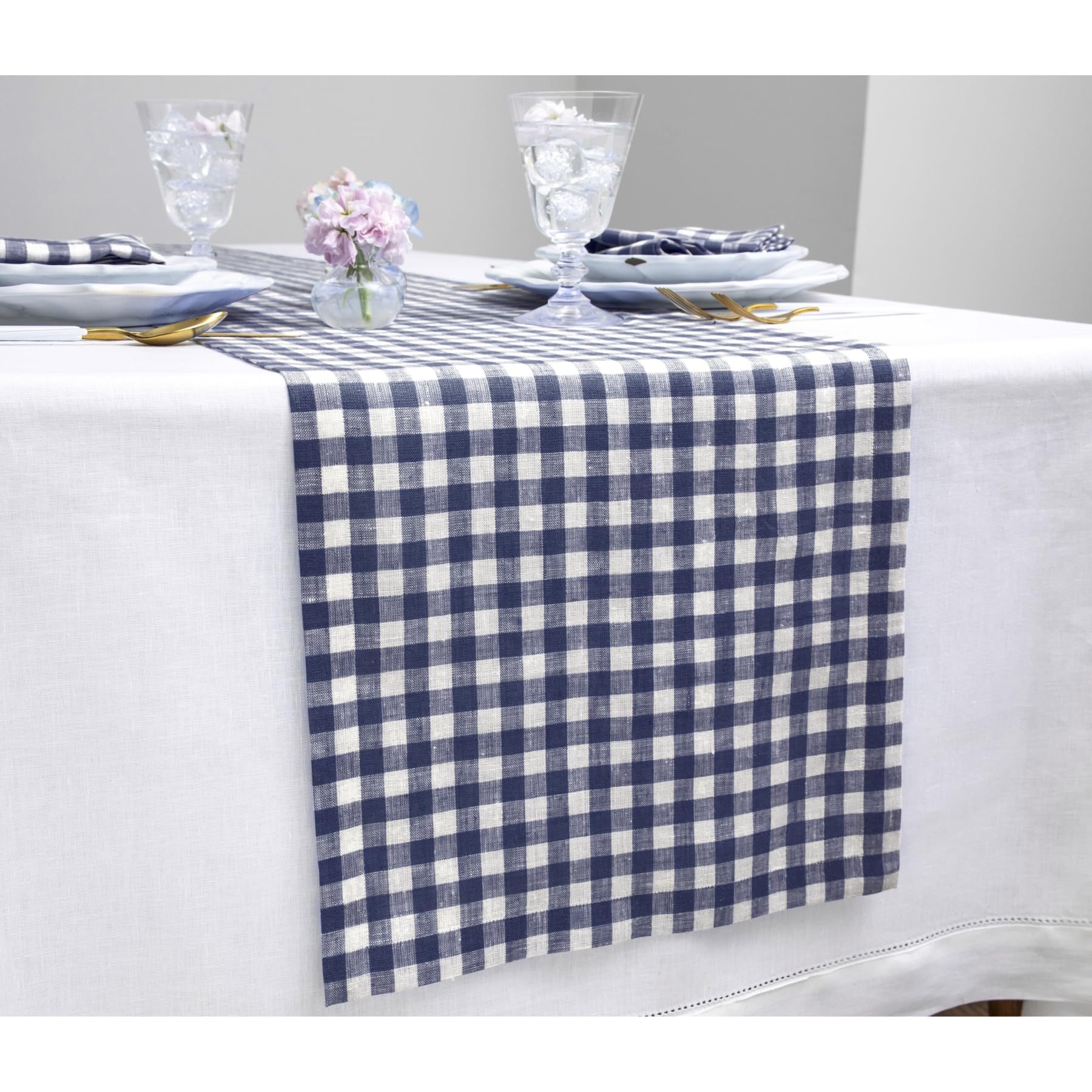 Solino Home Check Linen Table Runner 90 Inches Long - 100% Pure Linen Navy Plaid Table Runner 14 X 90 Inch Ideal For Wedding, Sp