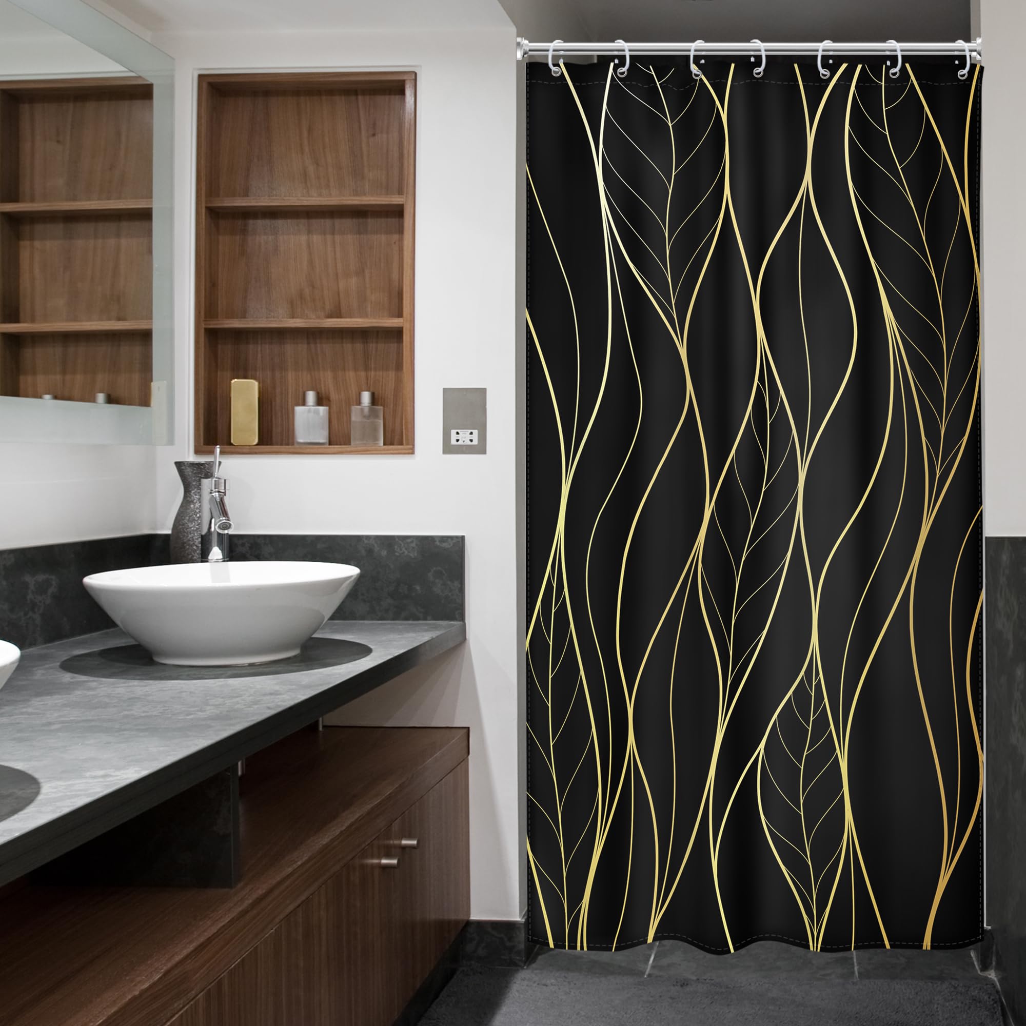 Riyidecor Small Stall Rv Black Gold Leaves Shower Curtain Half Single Boho Abstract Striped Leaf Geometric Modern Simple Cool 36