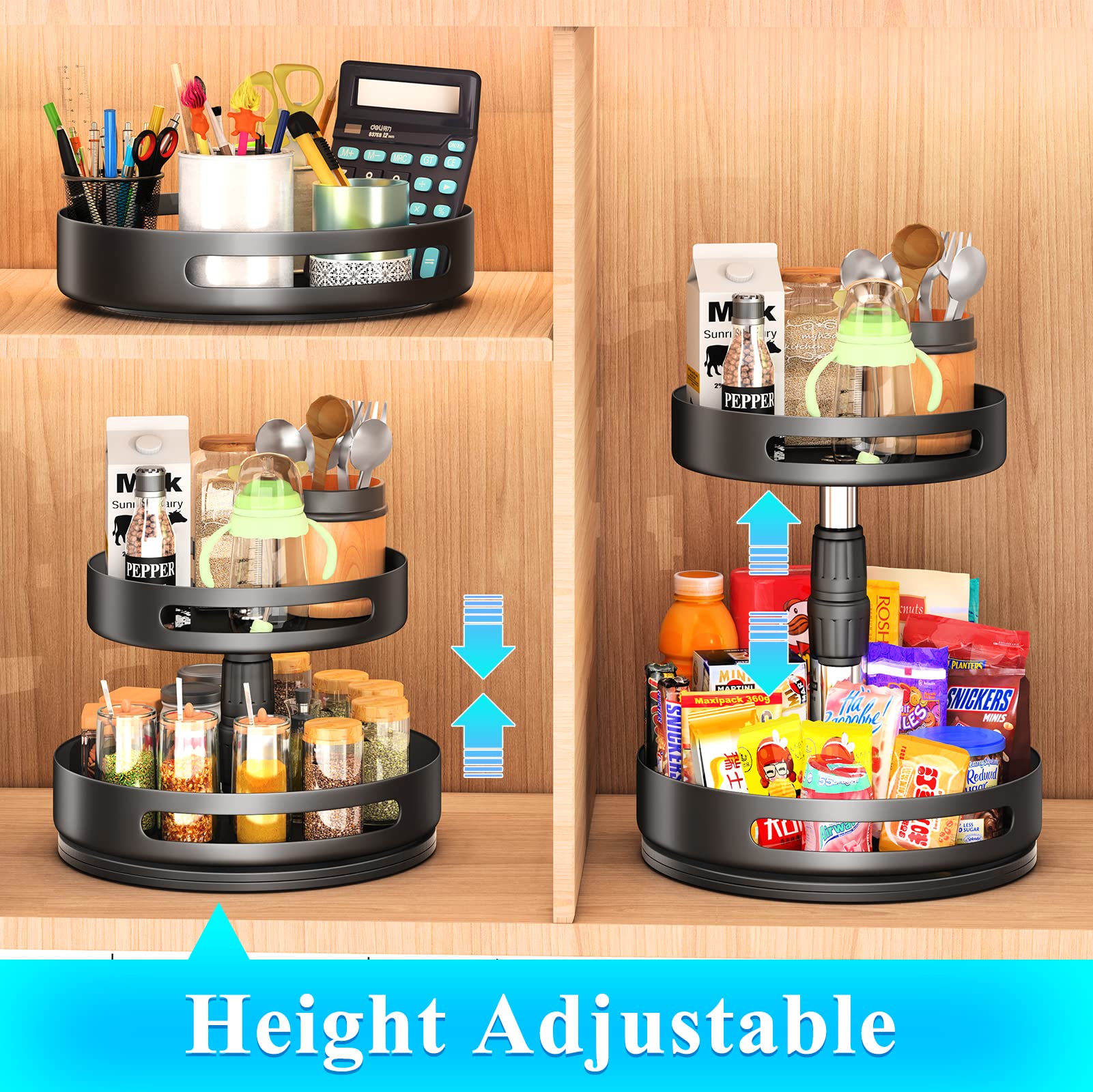 Lazy Susan Spice Rack Organizer 2 Tier - Rotating Seasoning Organizer Metal Lazy Turntable Height Adjustable Spice Organization