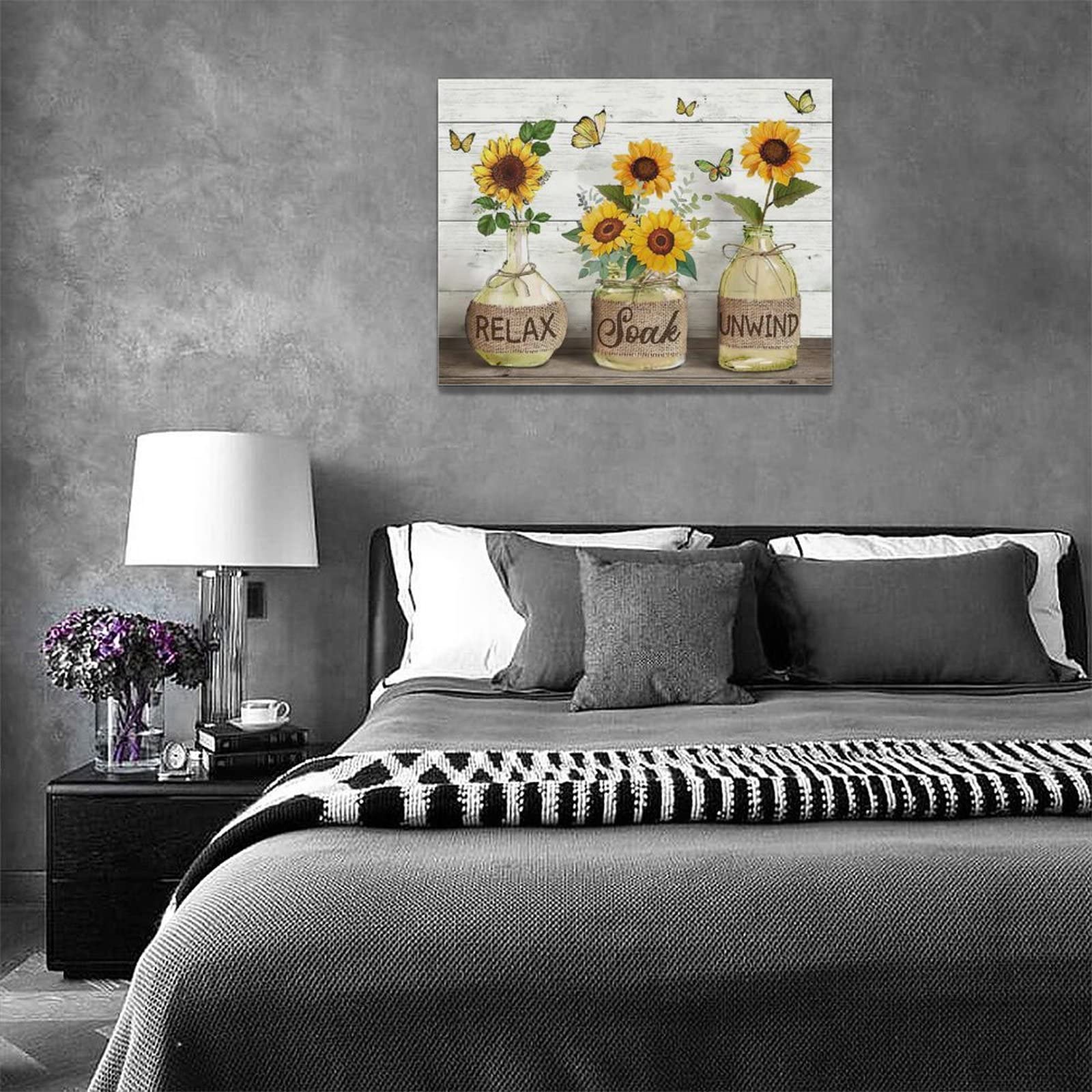 Farmhouse Bathroom Decor Wall Art Rustic Sunflower Bathroom Pictures Canvas Print Country Bathroom Painting Prints Wall Decor Framed Artwork Decor for Living Room Bathroom 12''x16''