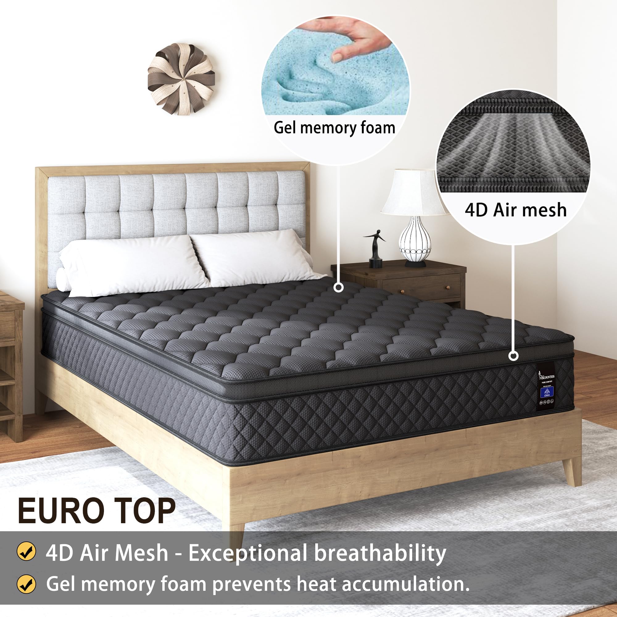 Viscountess King Hybrid Mattress, 10 Inch Euro Top Mattress Medium Firm For Back & Lumbar Support, 100 Night Trial, Individual P