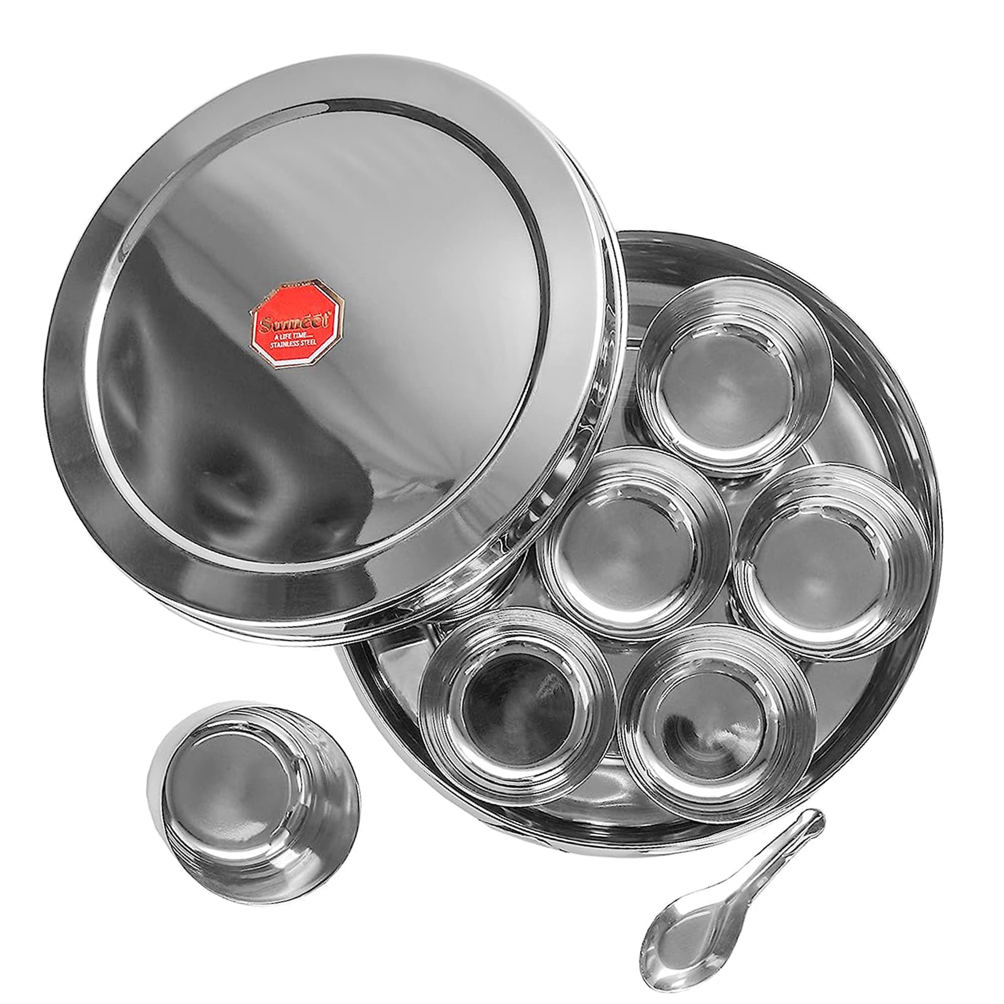 Sumeet Stainless Steel Belly Shape Masala (Spice) Box/Dabba/Organiser with 7 Containers and Small Spoon Size No. 11 (18.4cm Dia)