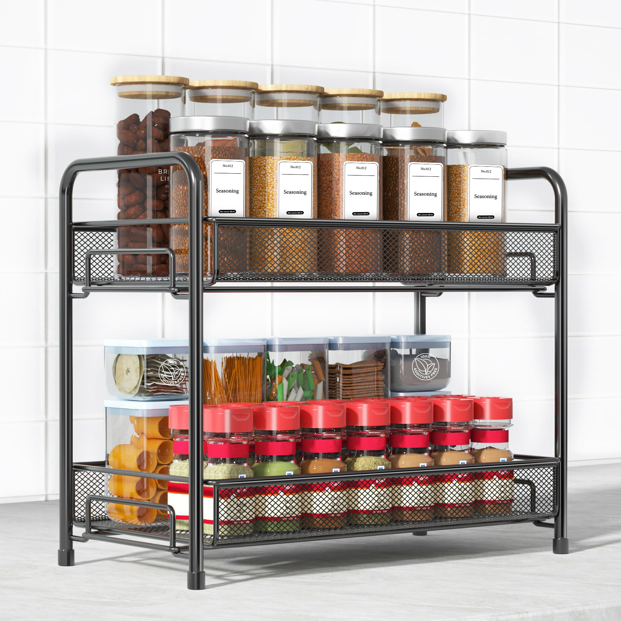 Spice Rack Organizer for Countertop,Xpatee 2-Tier Foldable Metal Rust-Proof Standing Large Seasoning Storage Shelf with Guardrai
