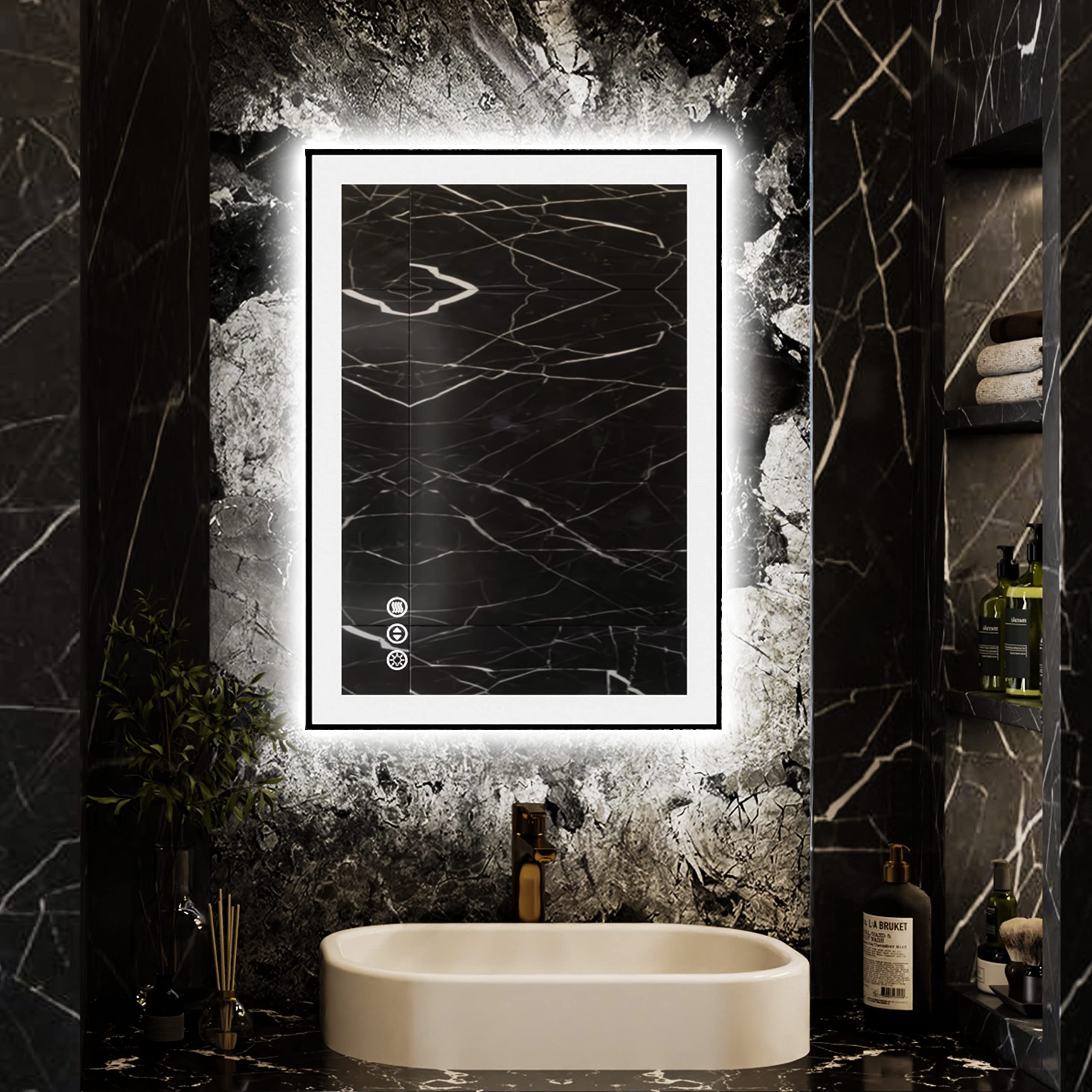 Iskm 32X24 Inch Led Bathroom Mirror With Black Frame, Front Light And Backlit, Stepless Dimmable, Anti-Fog, Shatter-Proof, Memor