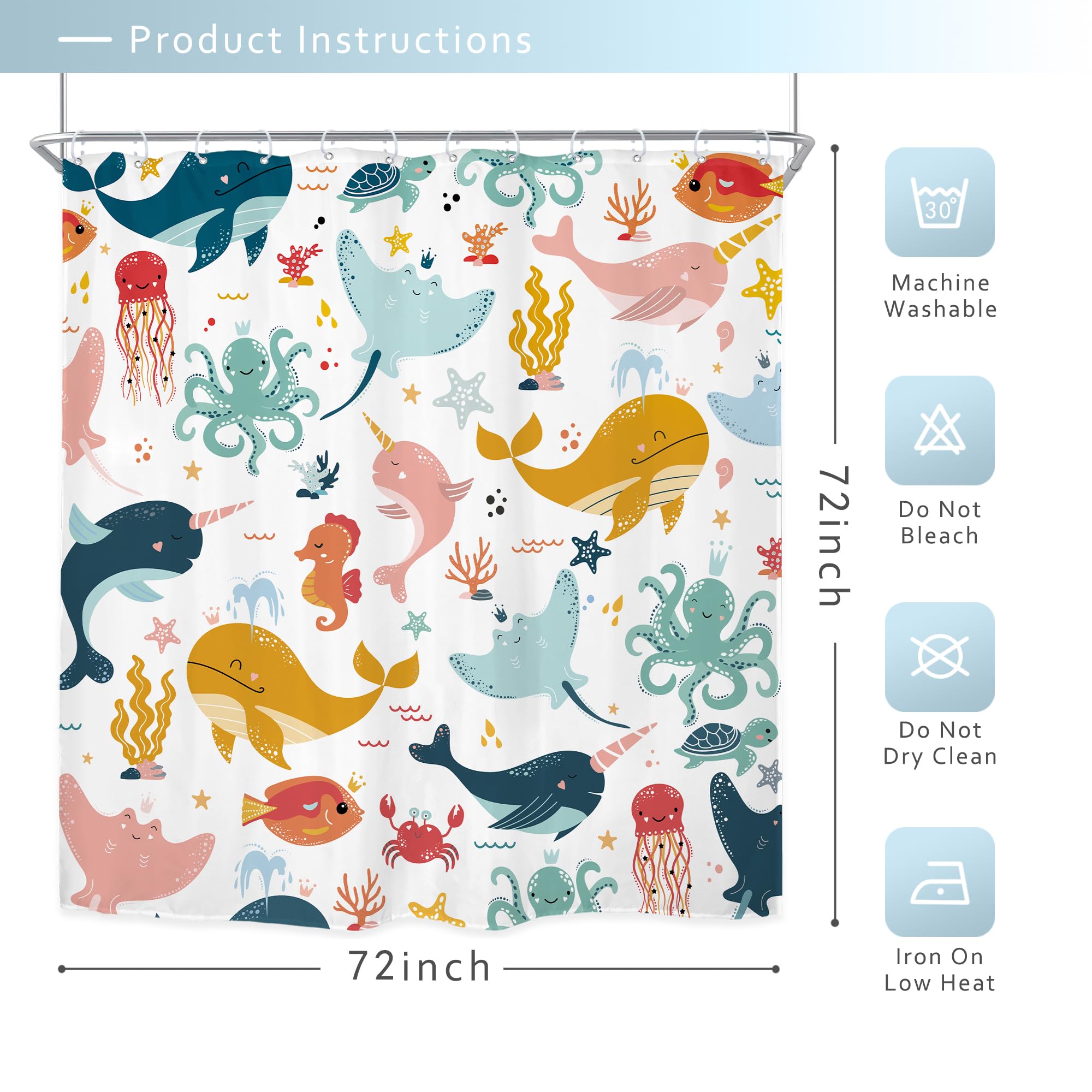 Riyidecor Funny Whale Kids Shower Curtain 72Wx72H Inch Cartoon Dolphin Curtains Cute Marine Animal Ocean Fish Underwater Sealife