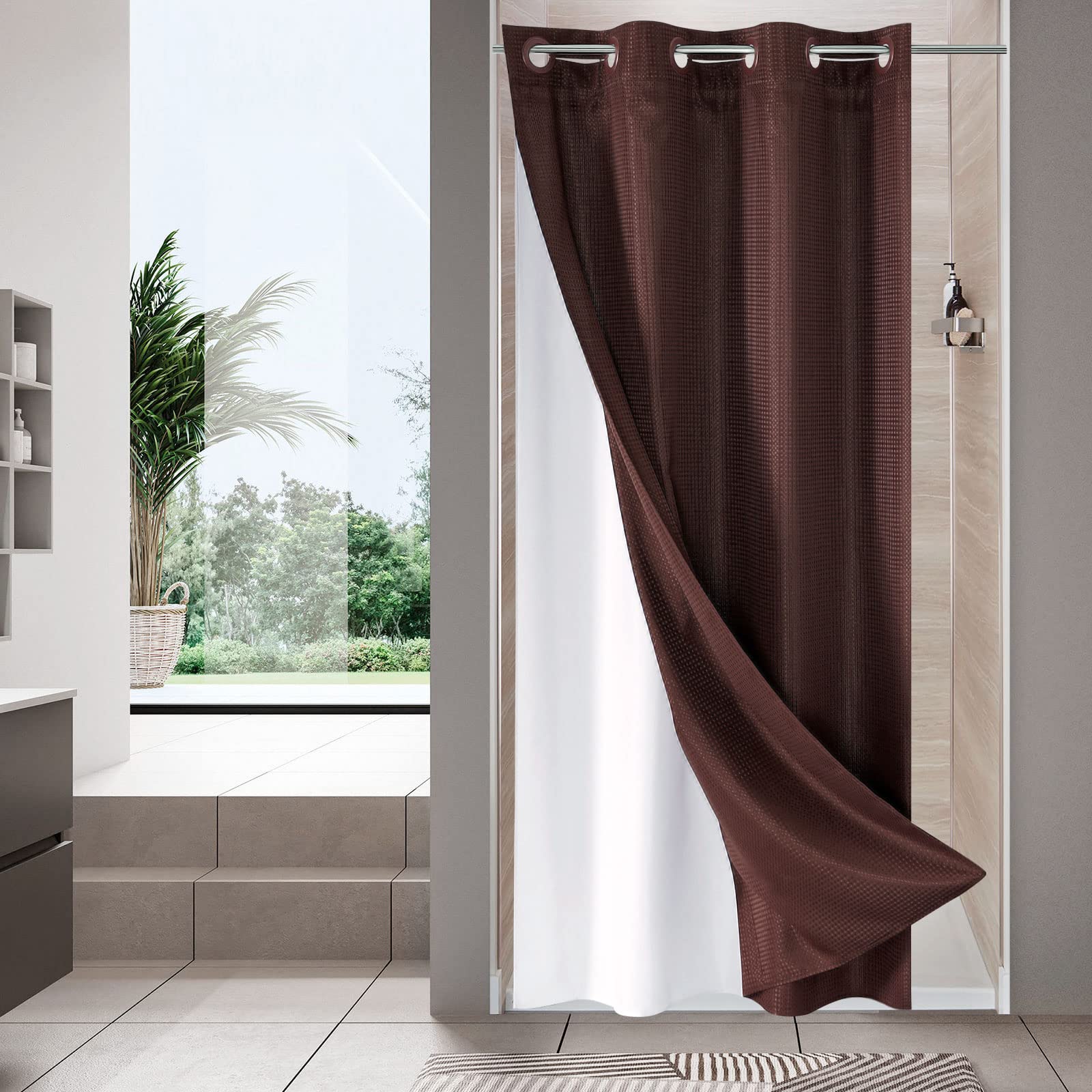 Mitovilla Brown Waffle Small Stall Shower Curtain 36 X 74, No Hooks Required Half Size Narrow Fabric Shower Curtain Set With Sna
