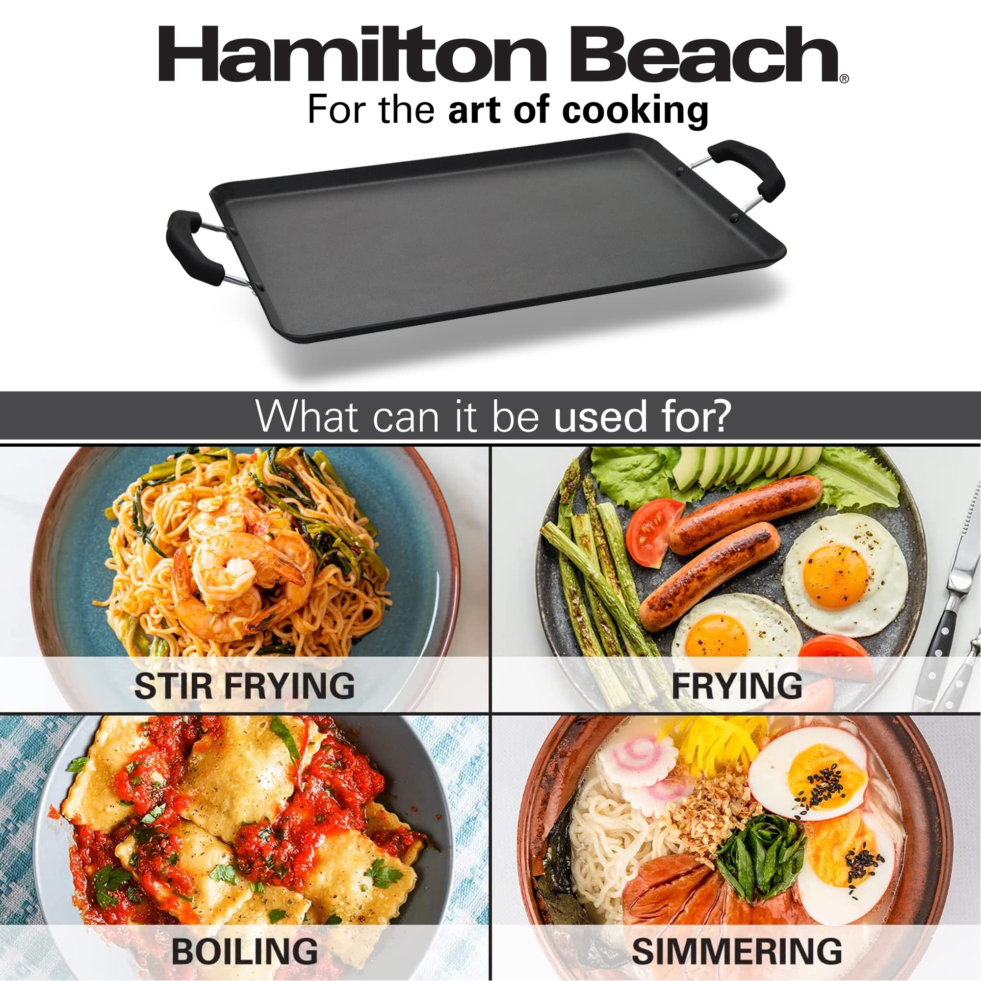 Hamilton Beach Nonstick Double Griddle 19X11-Inch - Black Aluminum Griddle With Soft Touch Bakelite Handle - Flared Edge - Spira