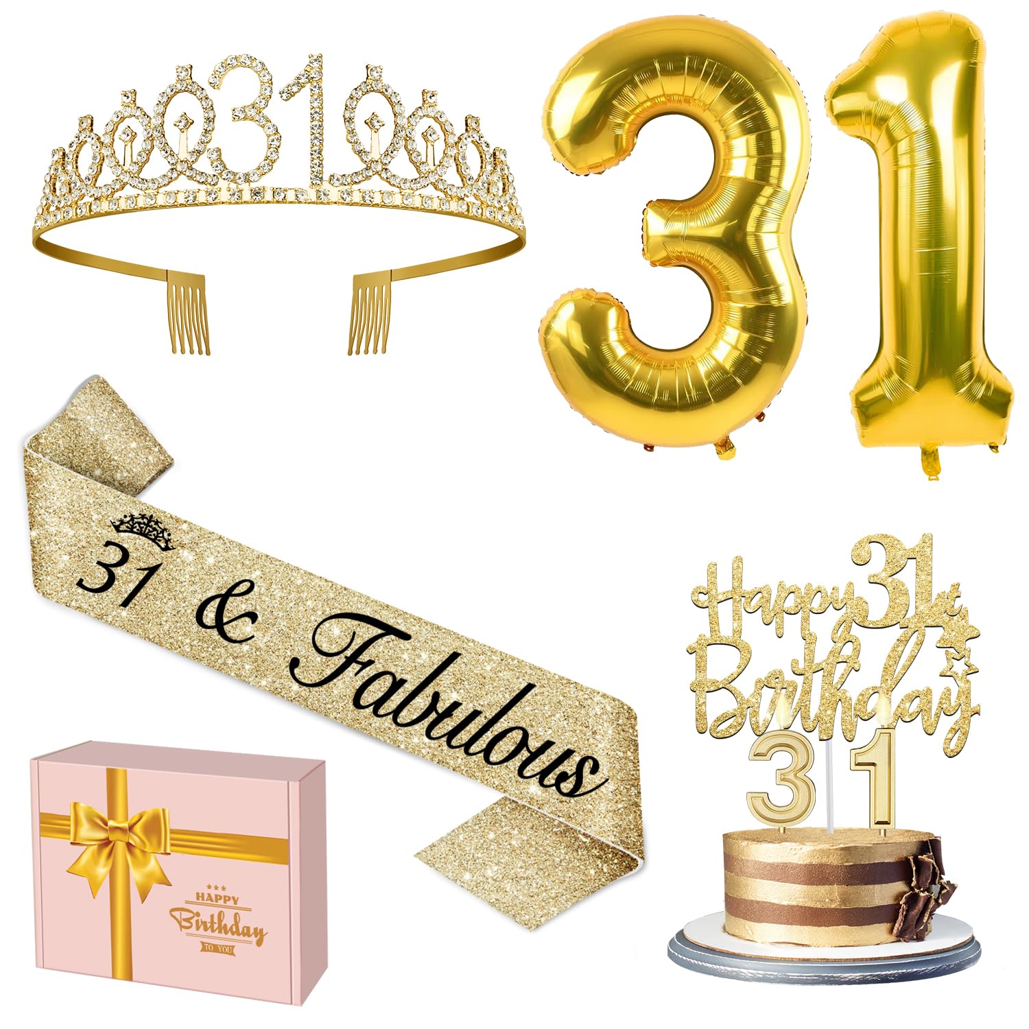 31st Birthday Decorations for Women Gold with 31st Birthday Tiara and Sash, Cake Topper and Number Candles, Number Balloons, 31 