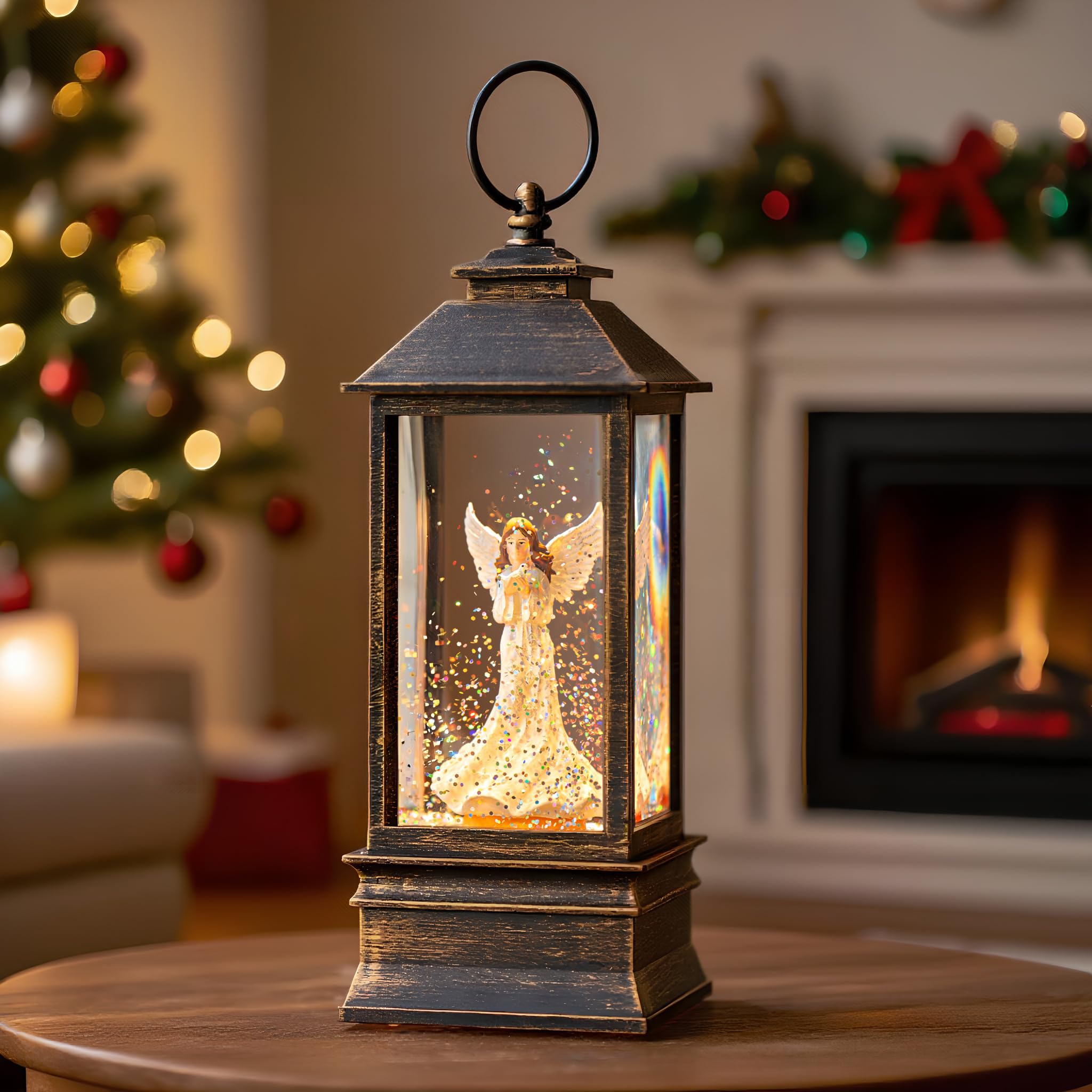 10 Musical Snow Globe Lantern Lighted Angel with Dove Water Lantern Swirling Glittering Home Decoration and Gift, Battery Oper