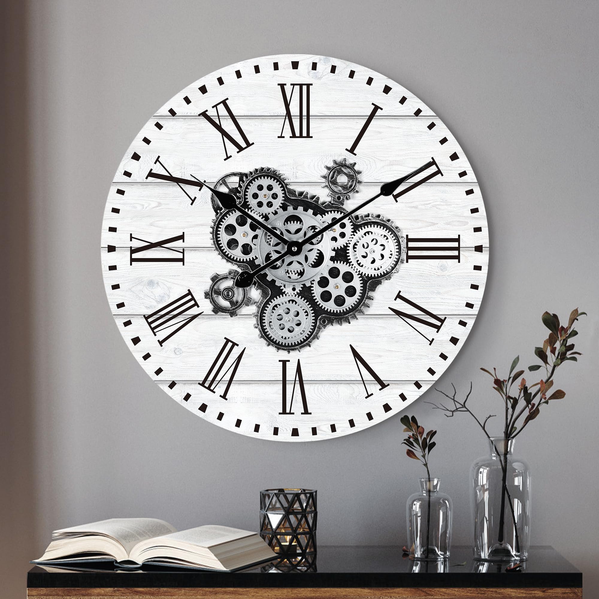 Lafocuse 23 Inch Roman Numeral Moving gears Wall clock Wooden Large Industrial Wall clock  White Oversize Farmhouse Vintage Wall clock for Living Room Decor Office