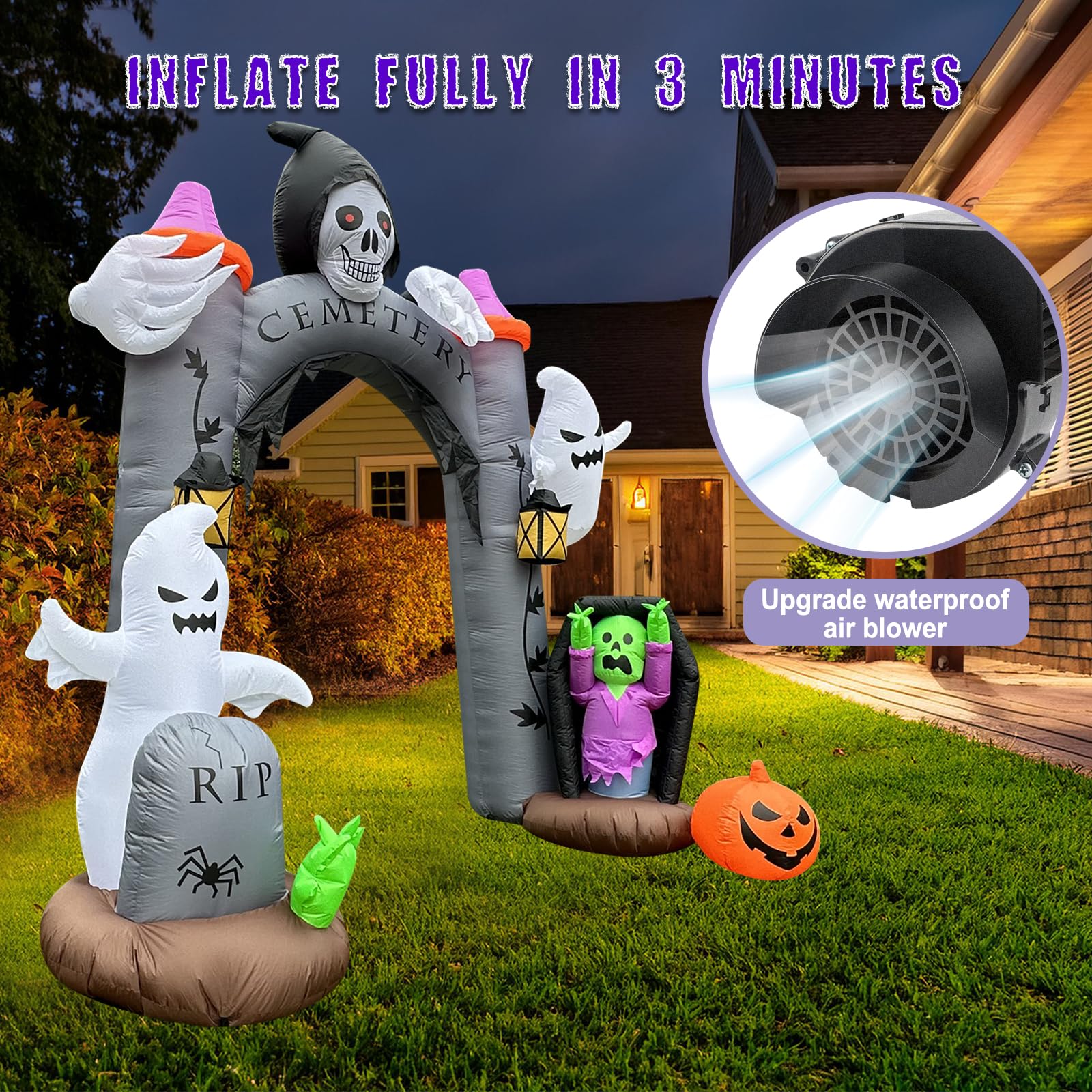 12FT Halloween Inflatable Giant Cemetery Archway with Grim Reaper, Pumpkin and Ghost Spooky Scary Party Blow Up Arch Outdoor Dec