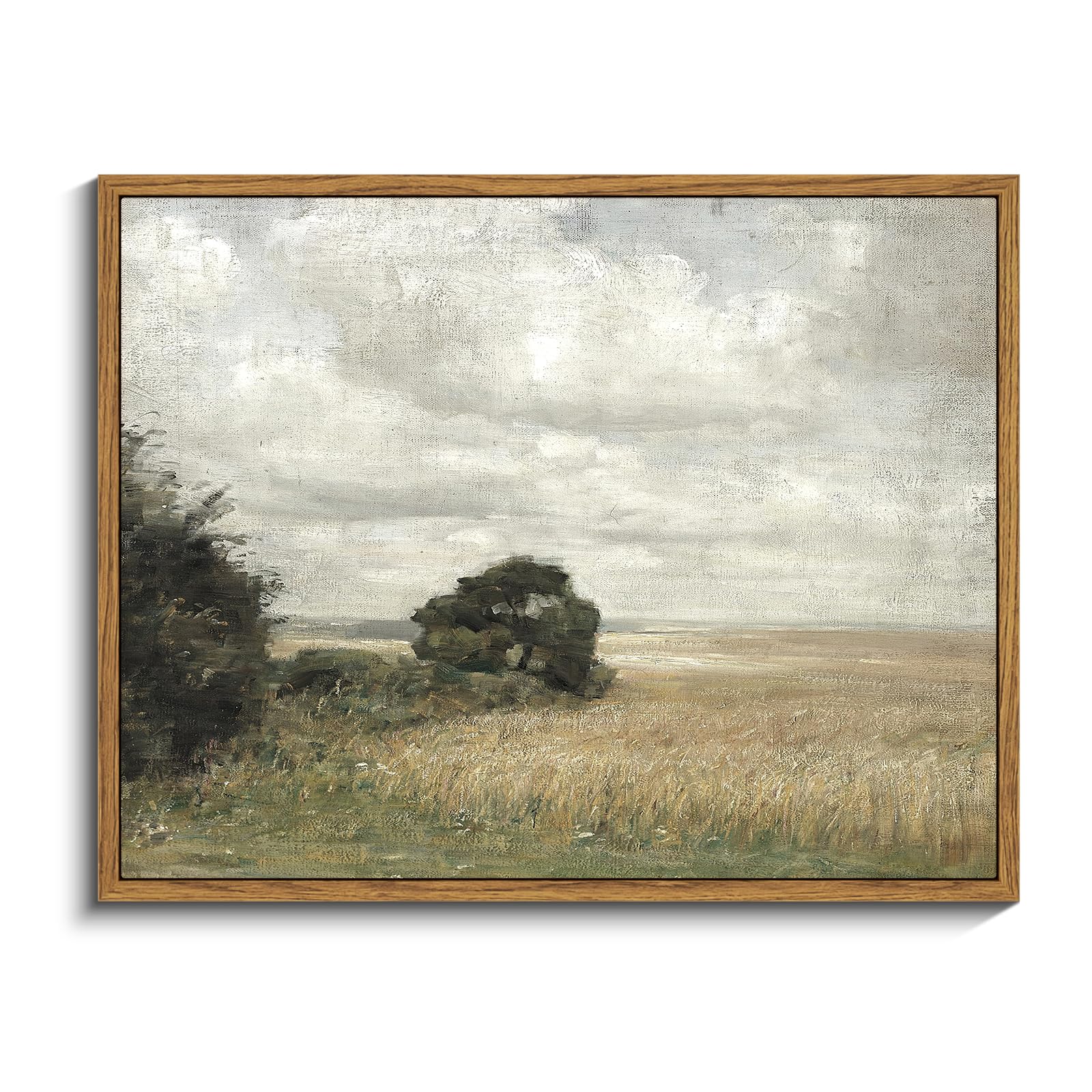 Insimsea Framed Canvas Wall Art Vintage Decor, Landscape Wall Art Prints, Vast Field Under Cloudy Sky Wall Decor, Mid Century Mo