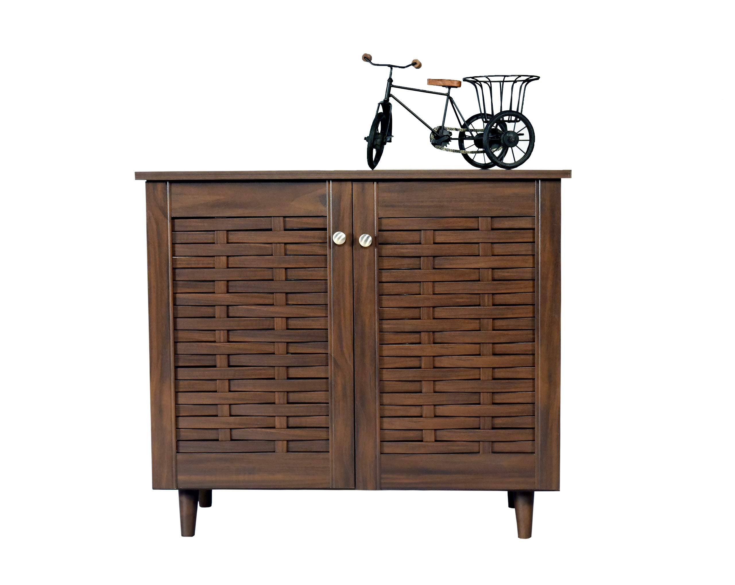 Deckup Bei 2Door Engineered Wood Shoe Rack With Wooden Legs (Walnut, Matte Finish)