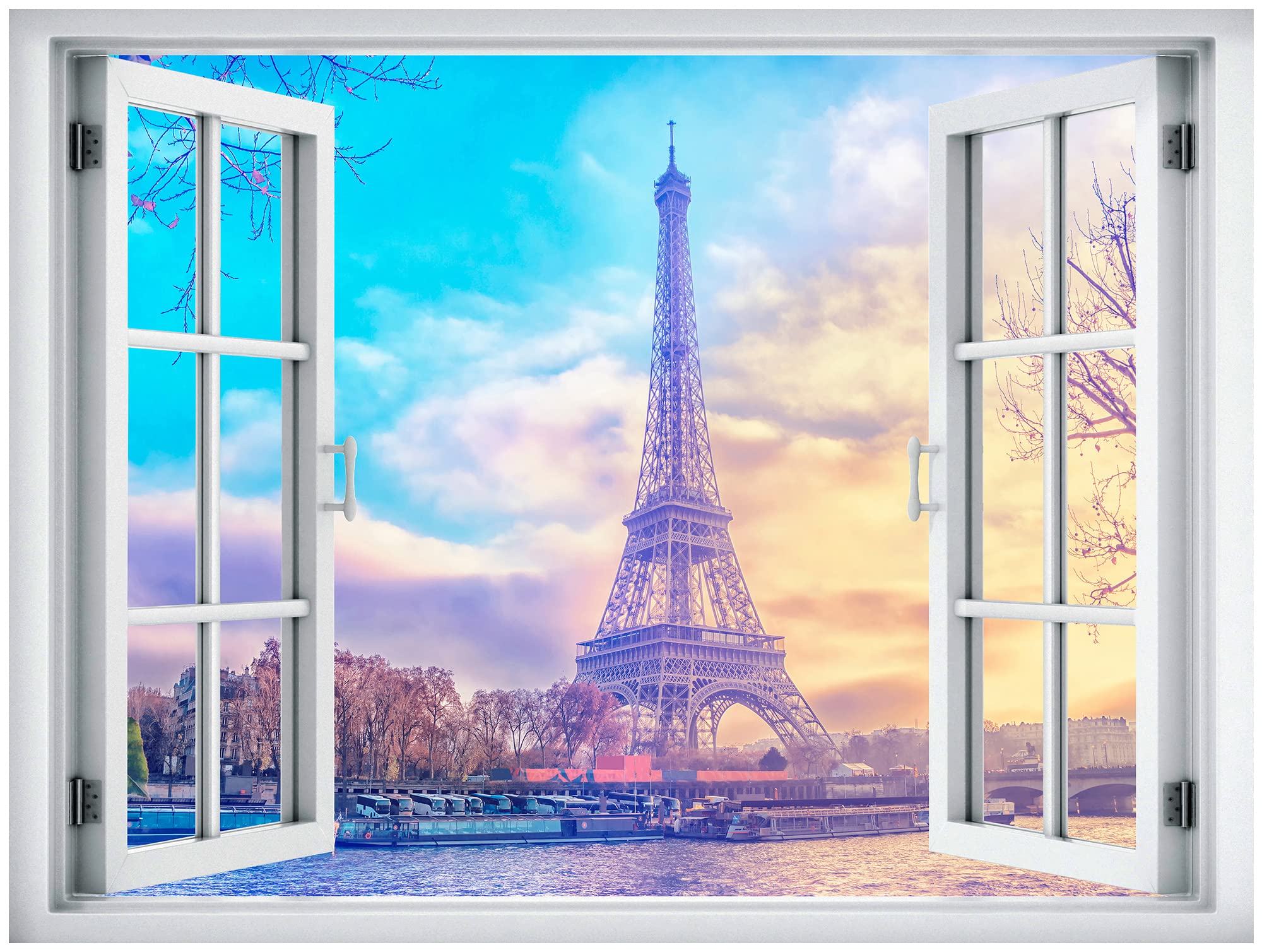 Wall26 Removable Wall Sticker/Wall Mural Window View Pastel Sunset Paris France Eiffel Tower Nature Wilderness Photography Reali
