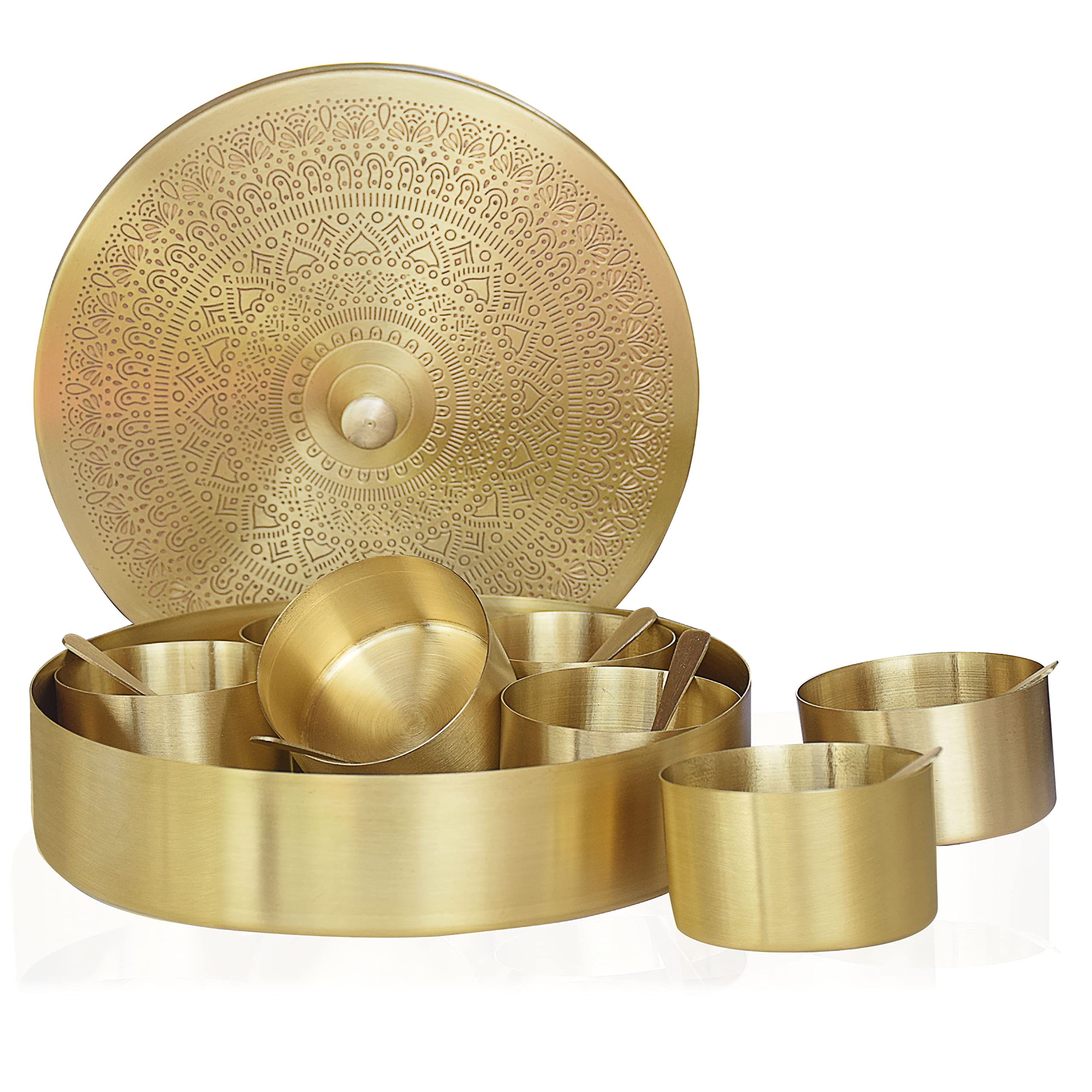 Pure Source India Brass Spice Box Set For Kitchen With Spoon (7 Containers,125 Ml Each) With 7 Spoon