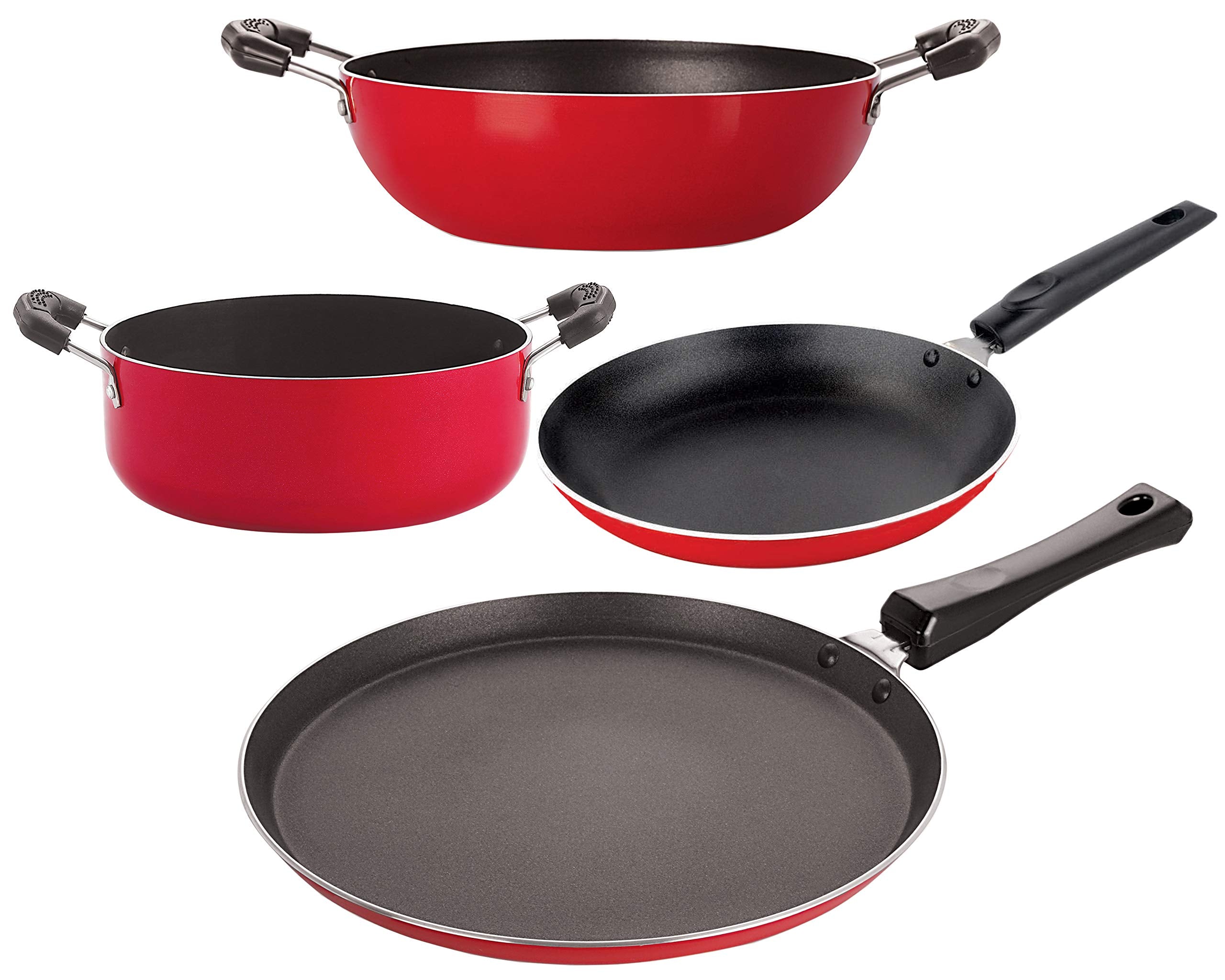 Nirlon NonStick Aluminum Cookware Set, 4Piece, Red And Black (2.6_Ft13_Kd14_Tp_Cass22)
